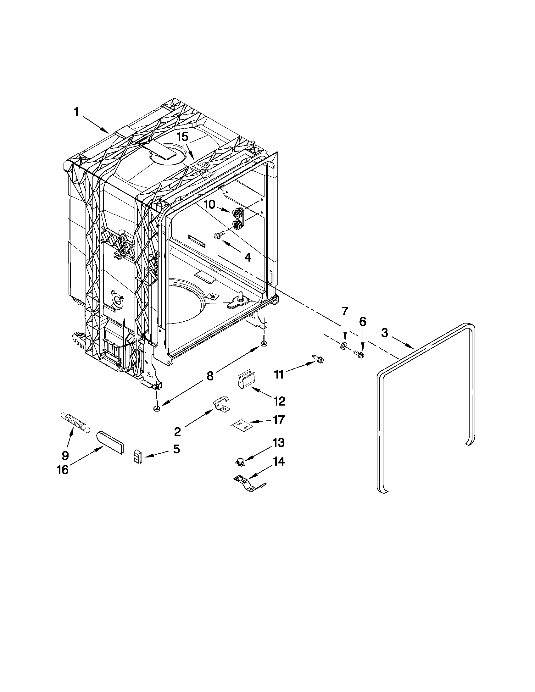 Whirlpool DP1040XTXB4 tub and frame parts diagram