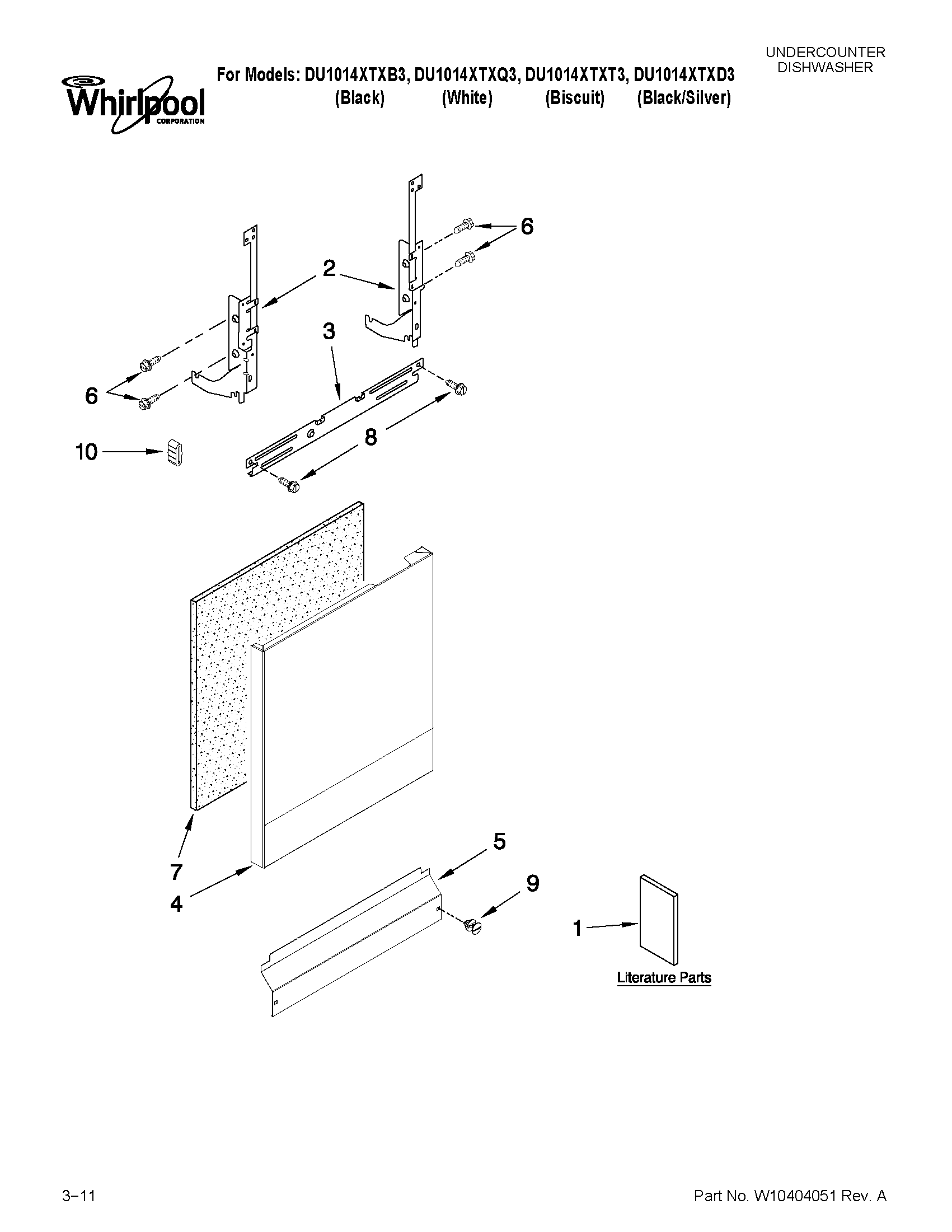 Whirlpool DU1014XTXB3 door and panel parts diagram