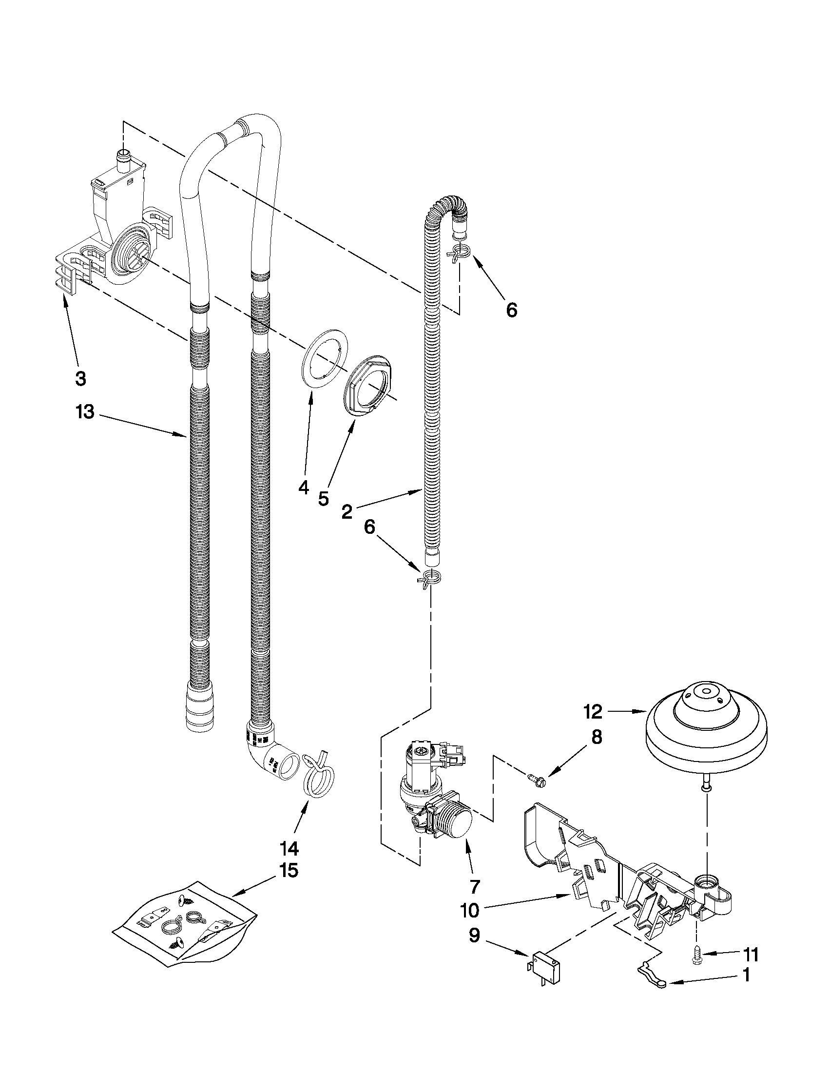 Whirlpool DU1014XTXB3 fill, drain and overfill parts diagram