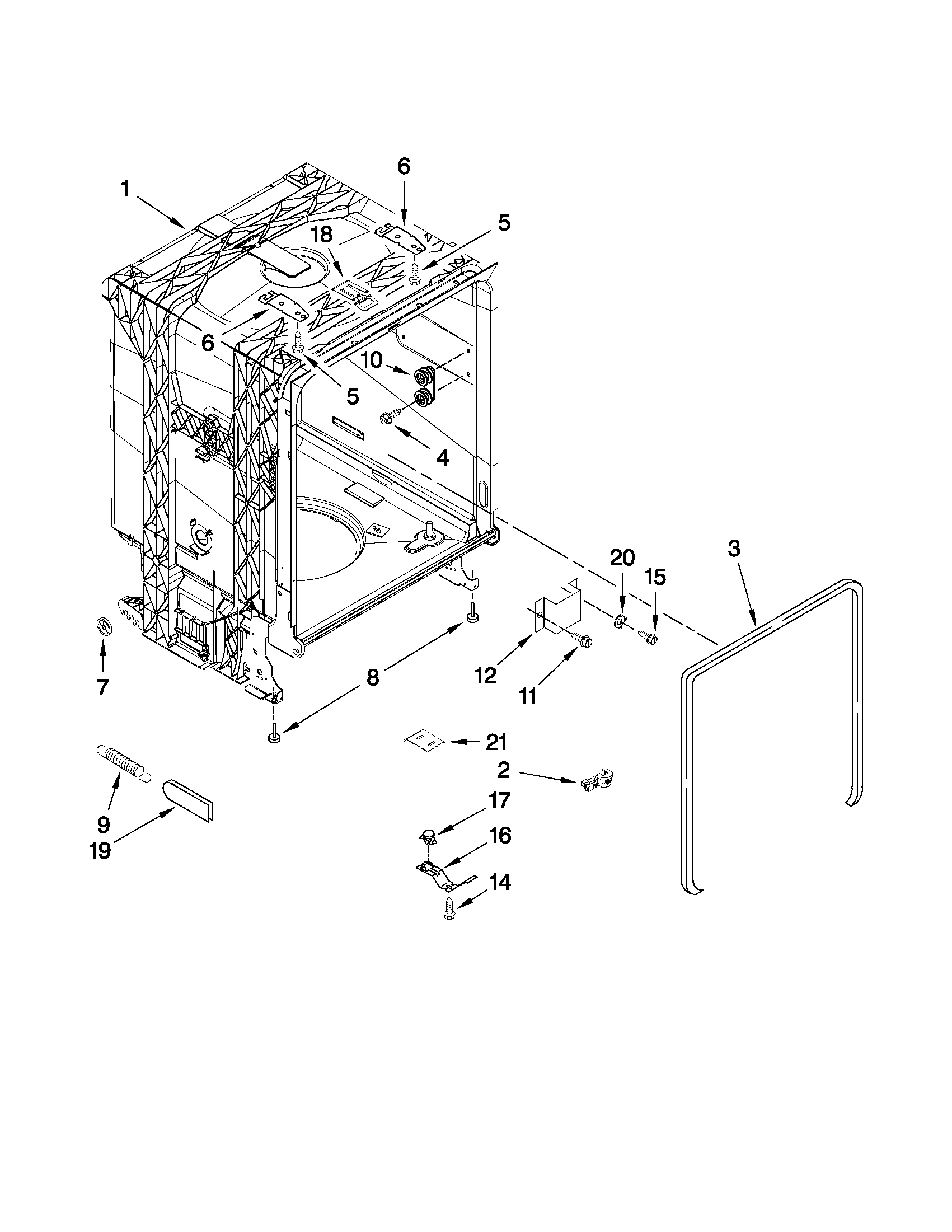 Whirlpool DU1014XTXB3 tub and frame parts diagram