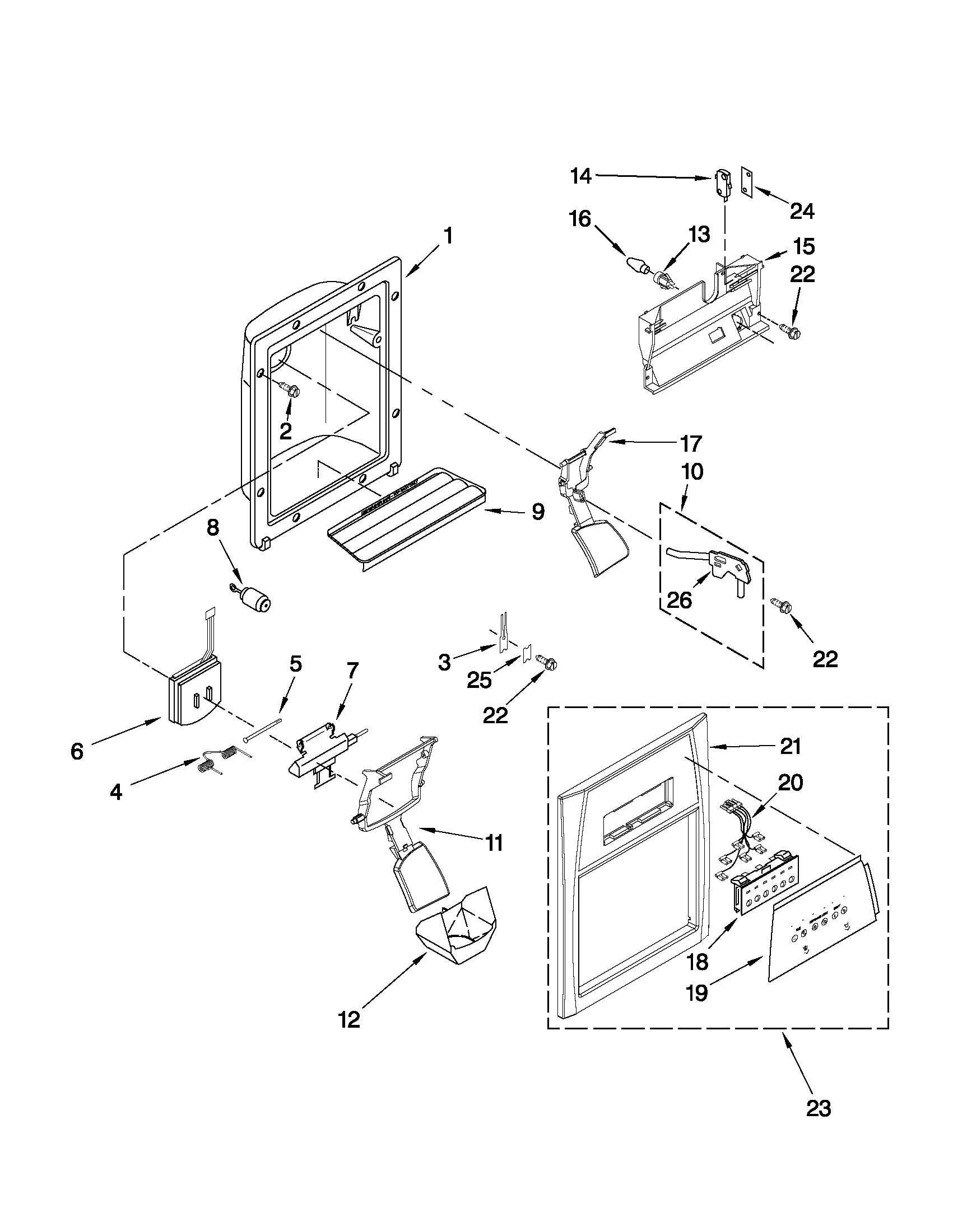 Whirlpool ED5VHEXVB03 dispenser front parts diagram