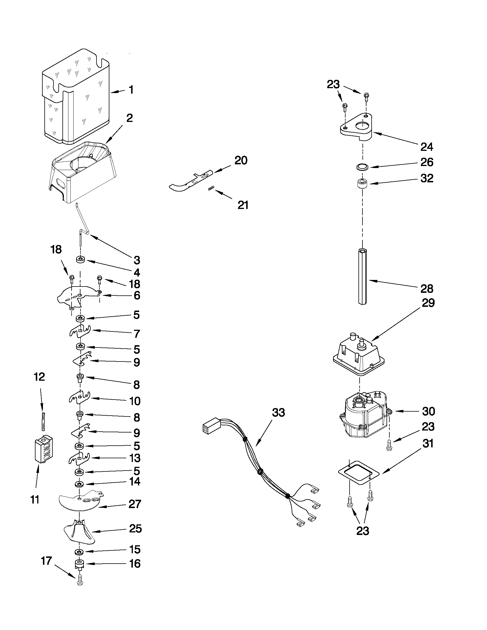 Whirlpool GC5SHAXVS02 motor and ice container parts diagram