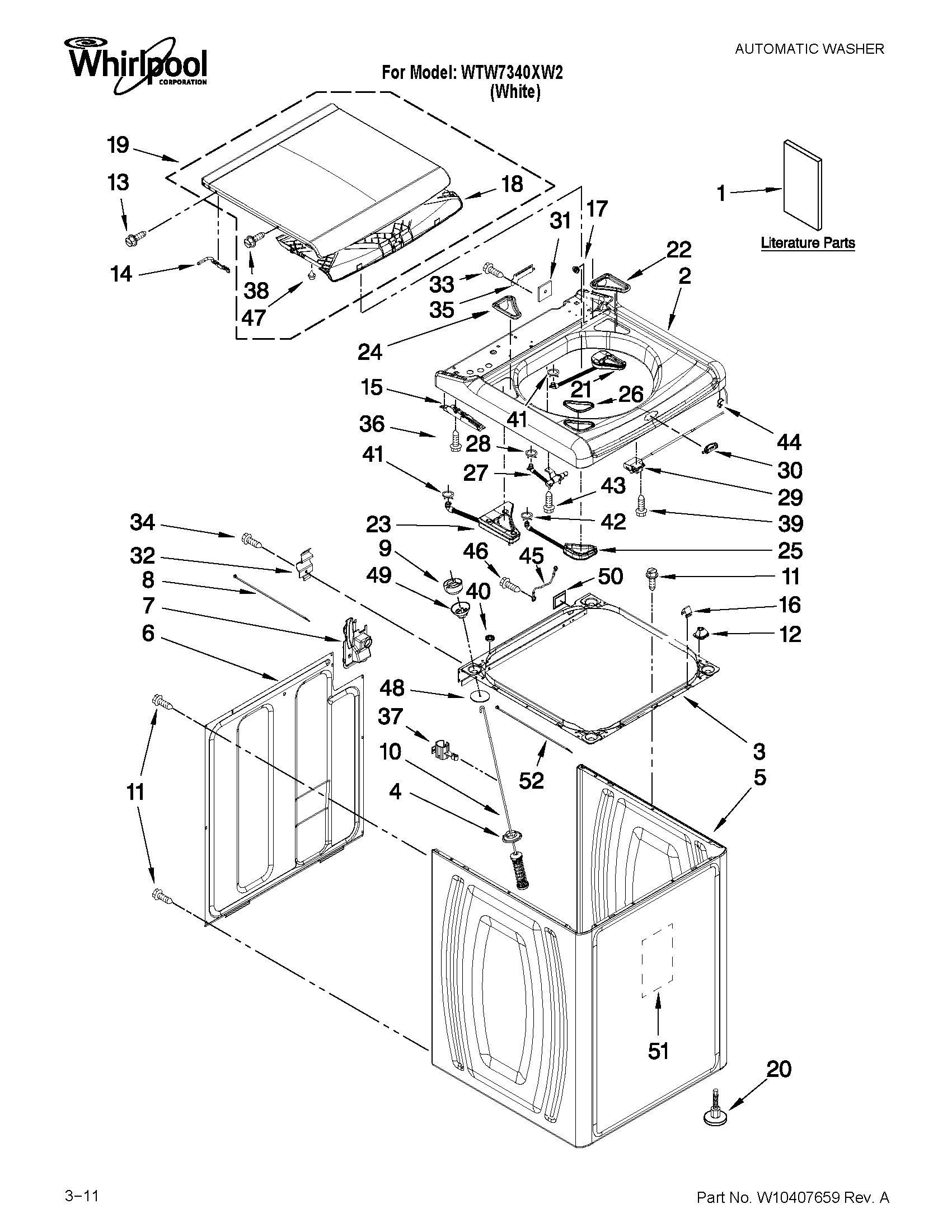 Whirlpool WTW7340XW2 top and cabinet parts diagram