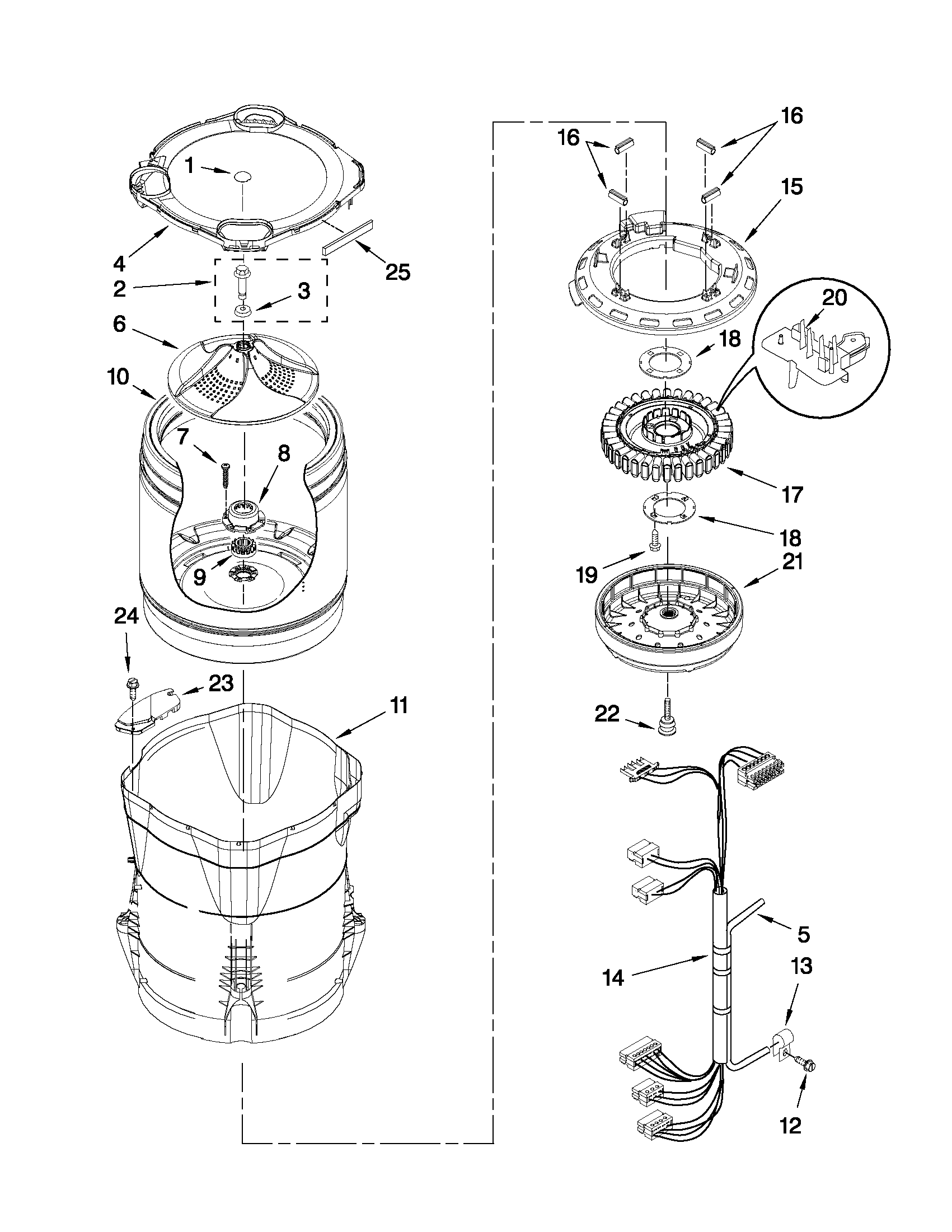 Whirlpool WTW7340XW2 motor, basket and tub parts diagram