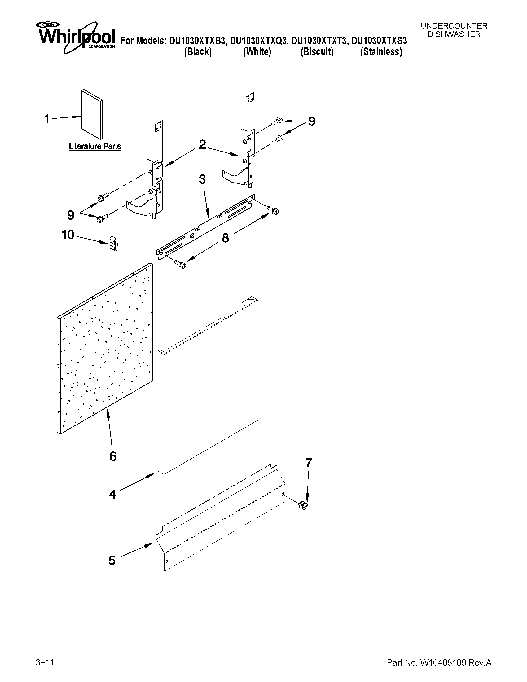 Whirlpool DU1030XTXQ3 door and panel parts diagram