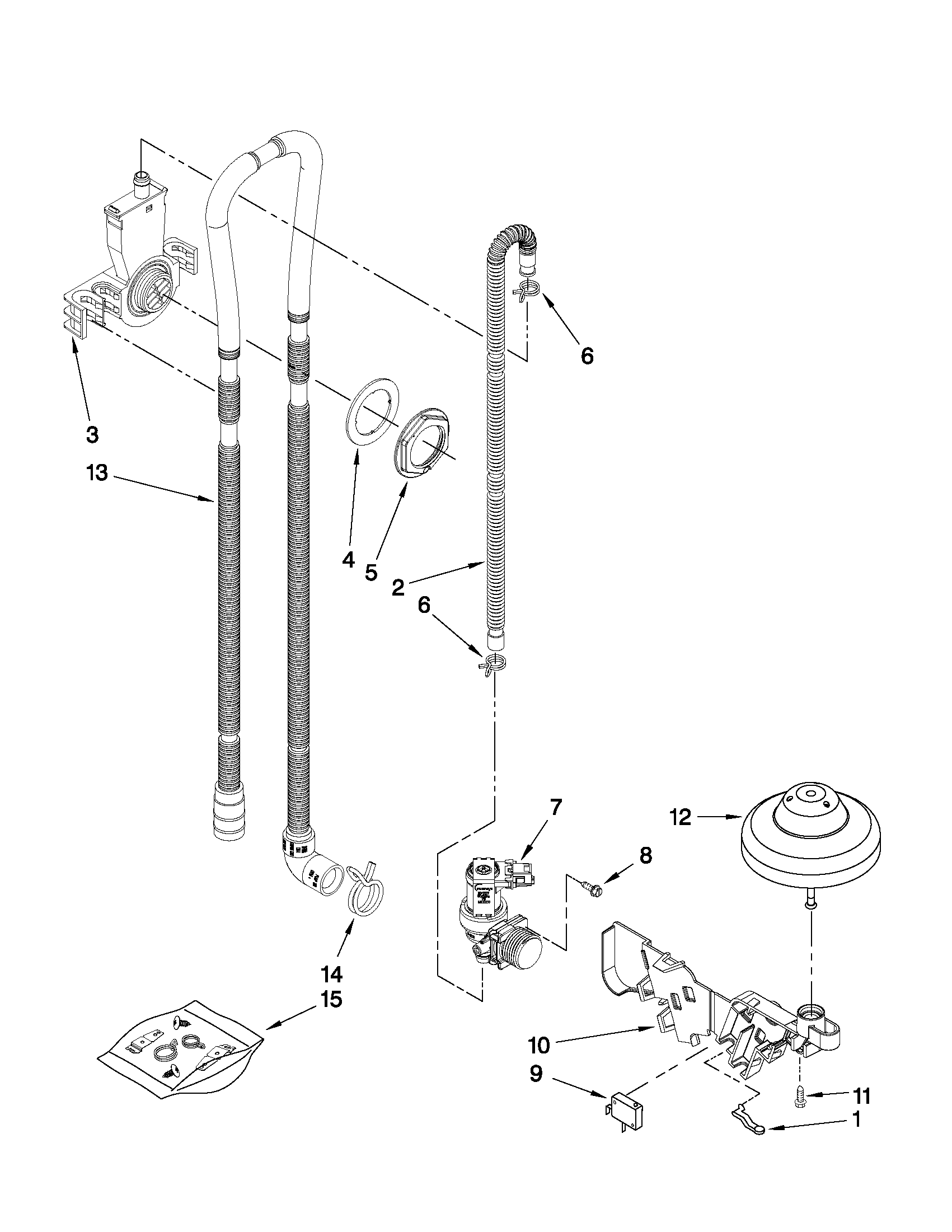 Whirlpool DU1030XTXQ3 fill, drain and overfill parts diagram