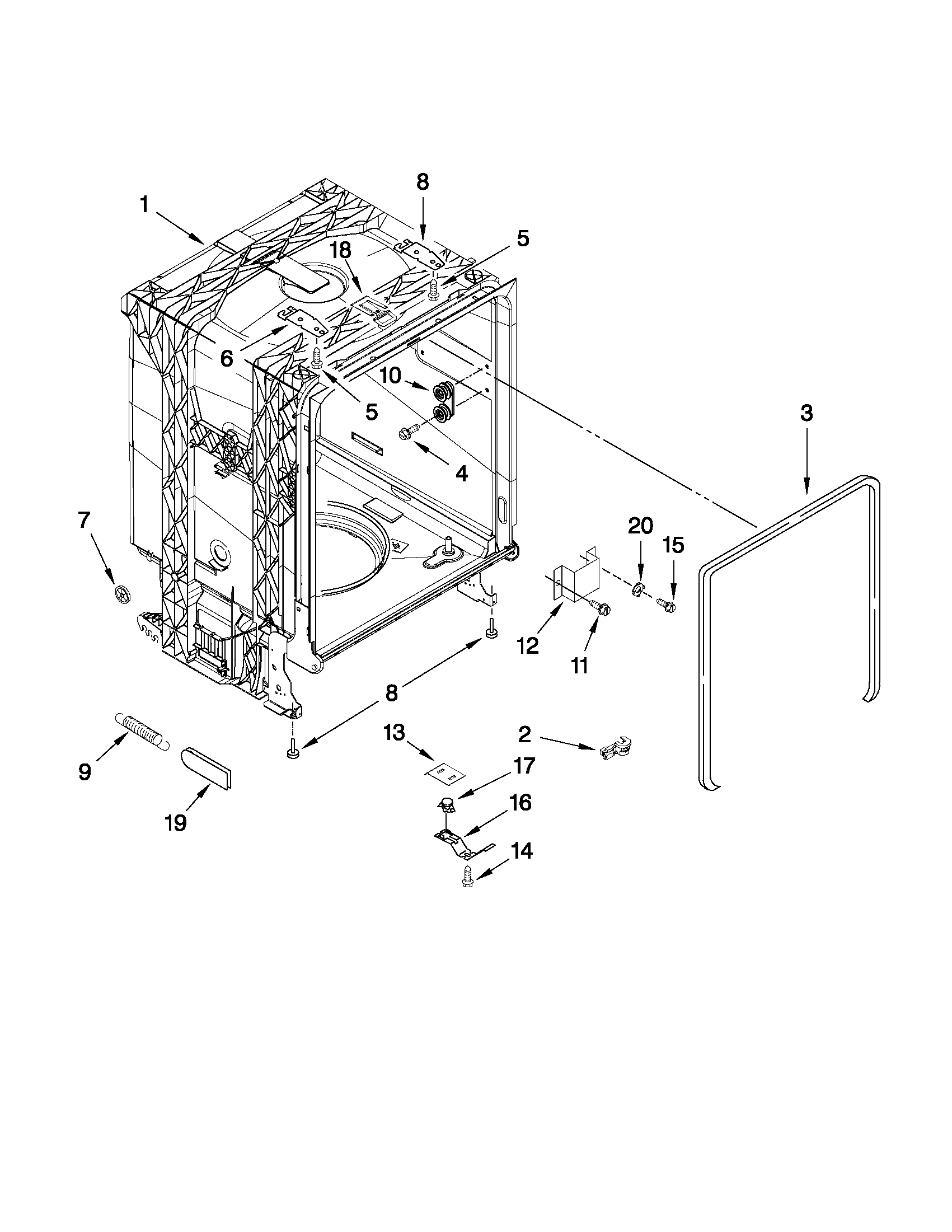 Whirlpool DU1030XTXQ3 tub and frame parts diagram