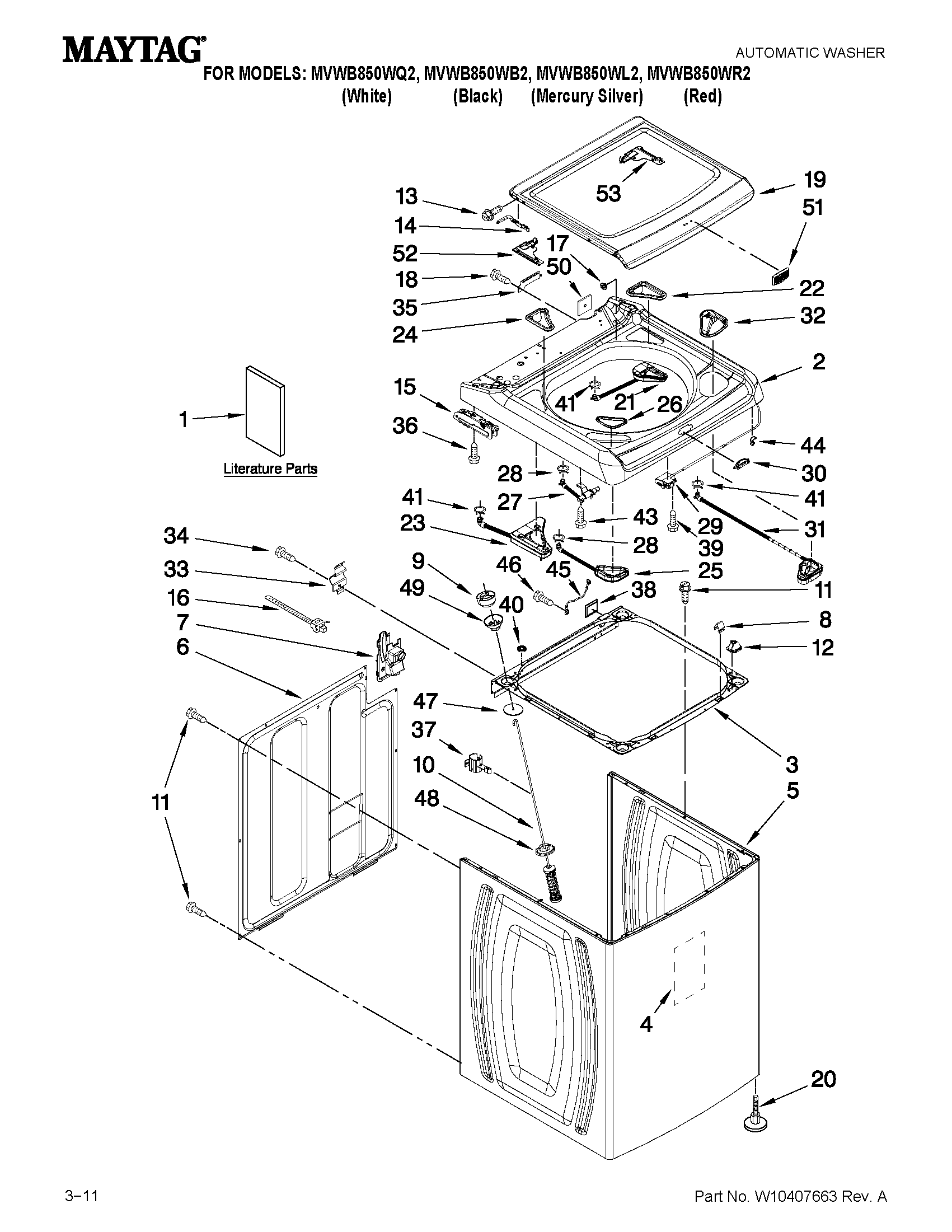 Maytag MVWB850WR2 top and cabinet parts diagram