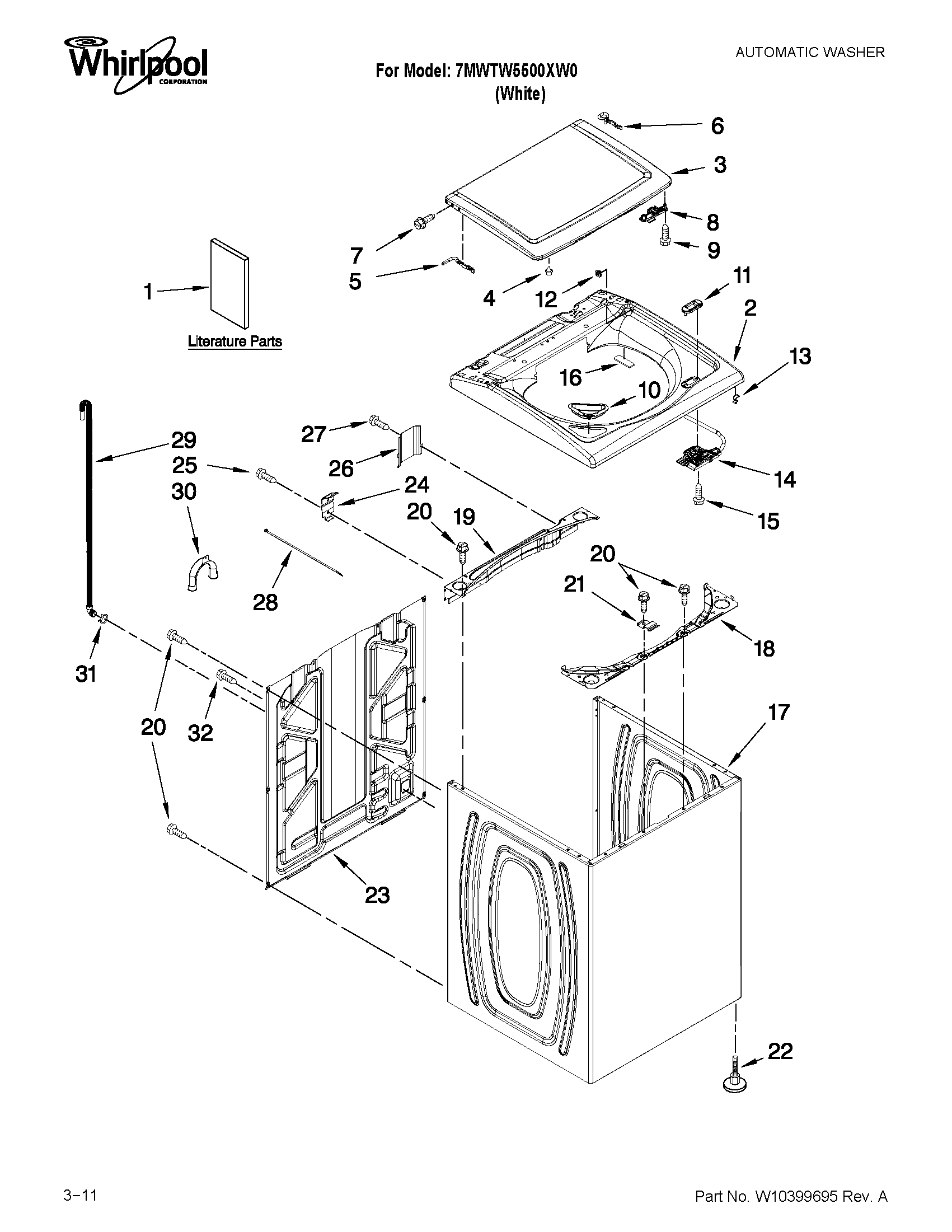Whirlpool 7MWTW5500XW0 top and cabinet parts diagram