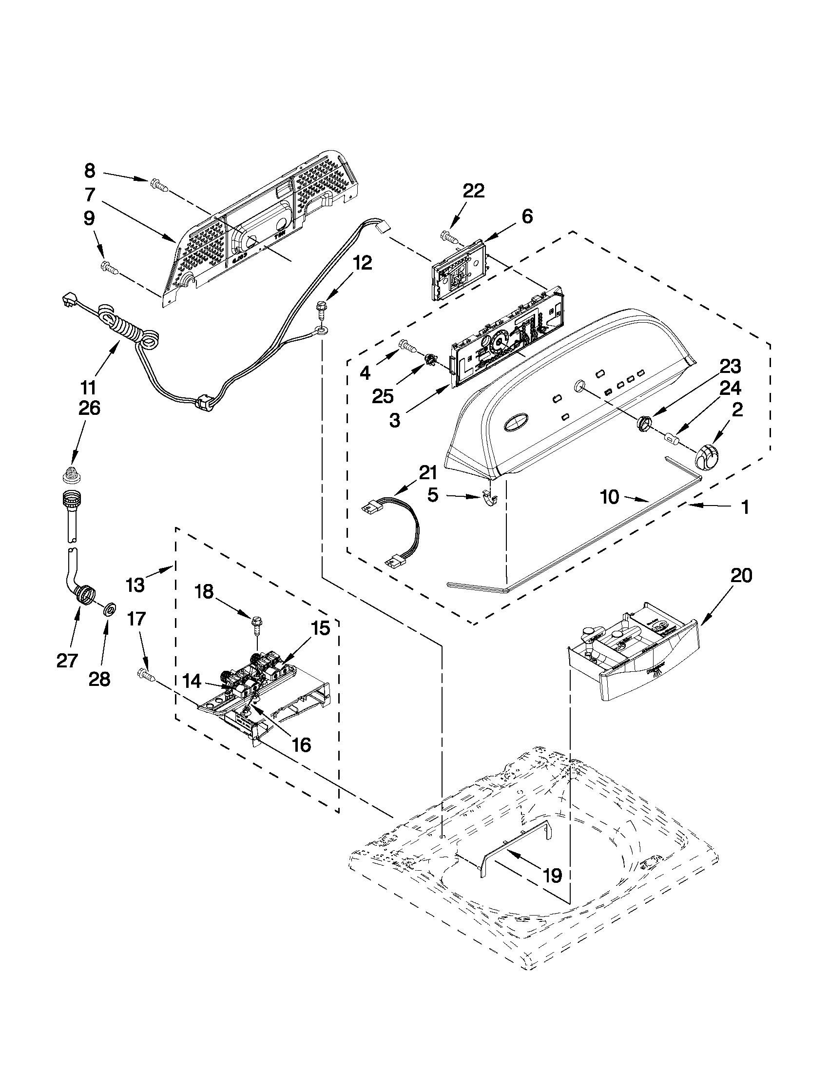 Whirlpool 7MWTW5500XW0 console and dispenser parts diagram