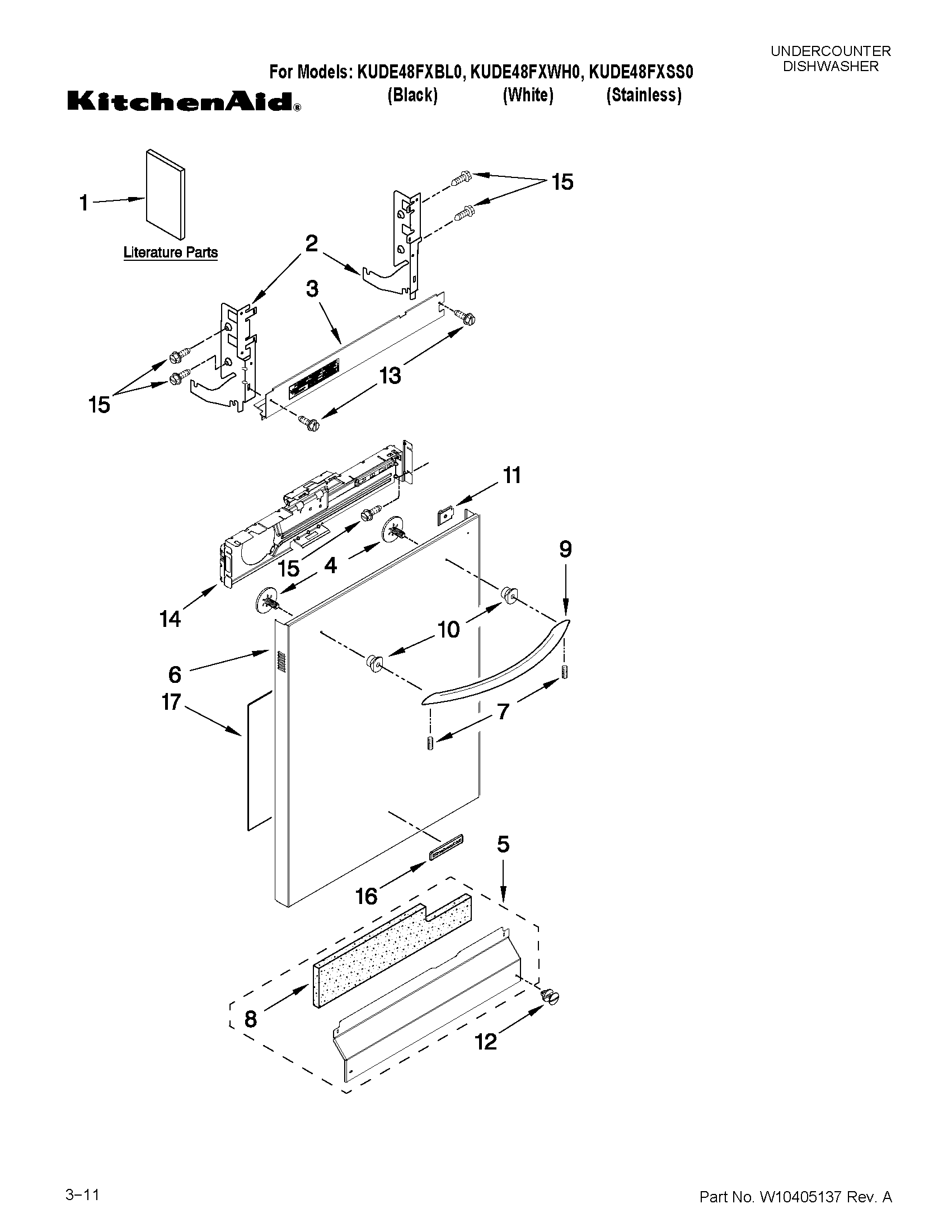 KitchenAid KUDE48FXBL0 door and panel parts diagram