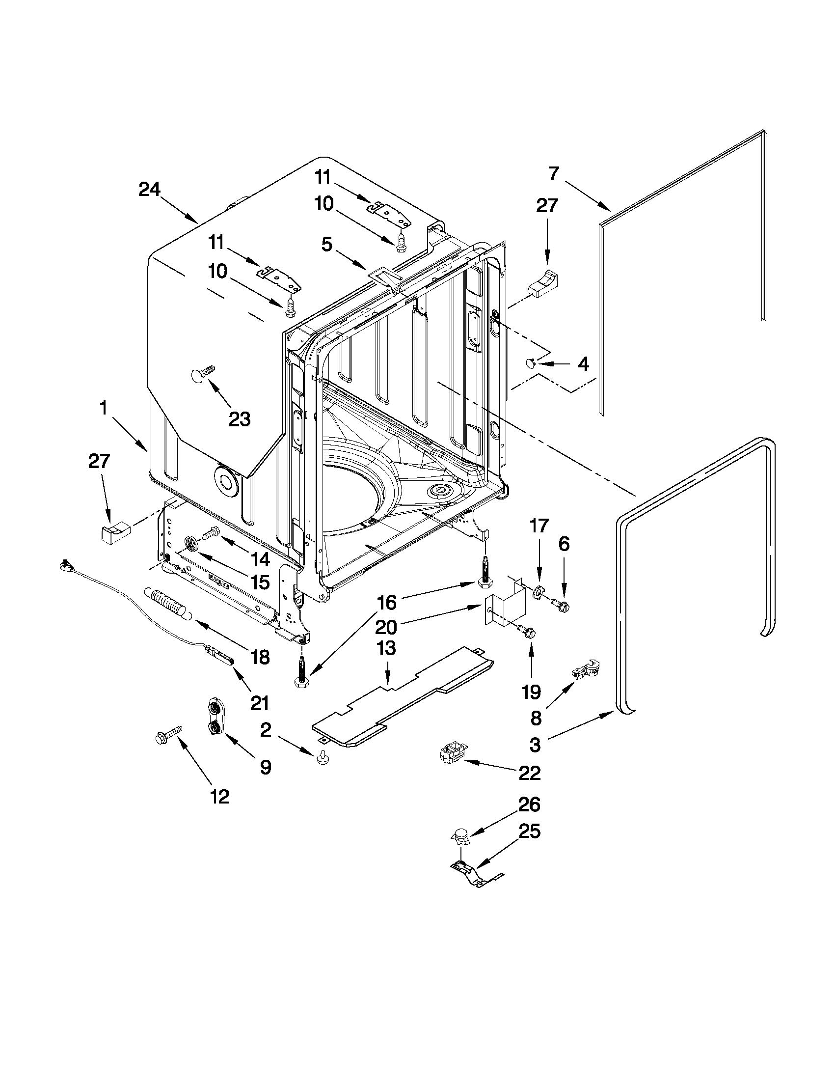 KitchenAid KUDE48FXBL0 tub and frame parts diagram