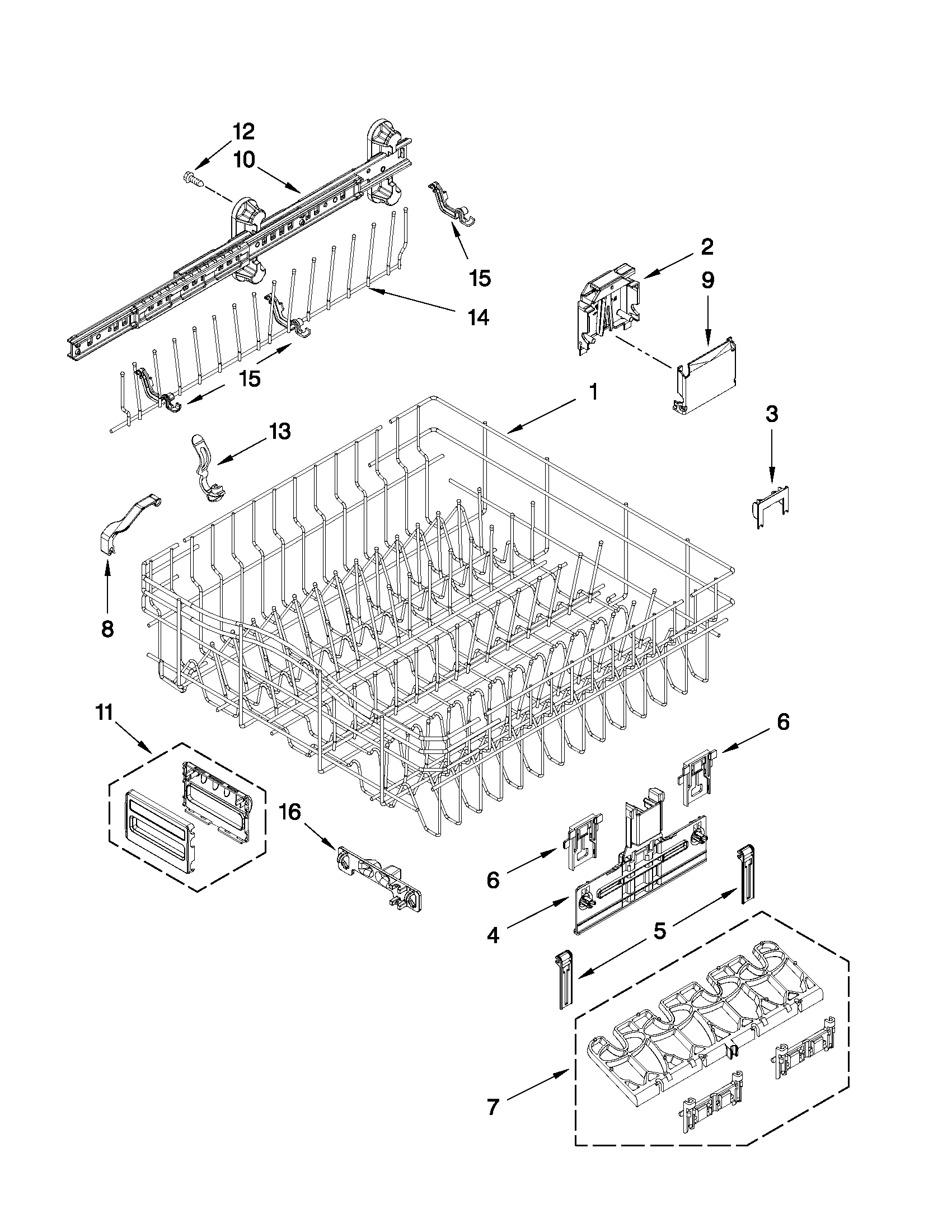 KitchenAid KUDE48FXBL0 upper rack and track parts diagram