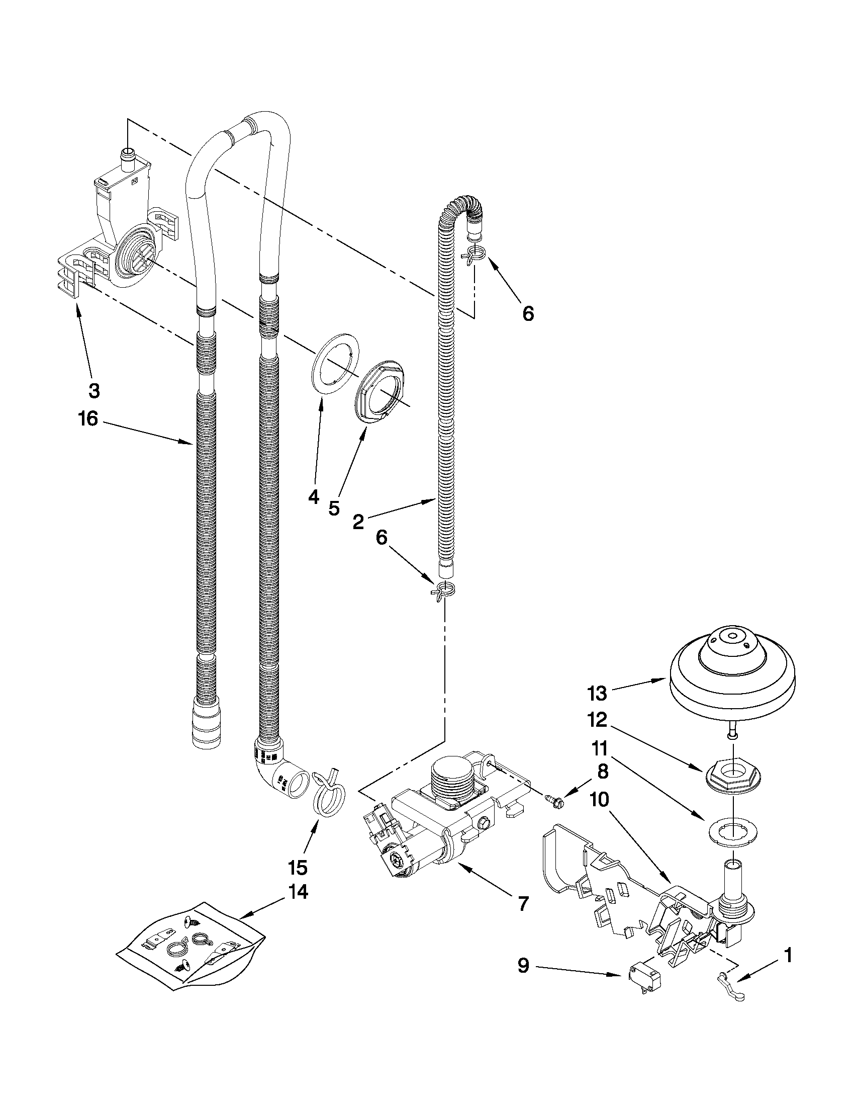 KitchenAid KUDC03FVBL5 fill, drain and overfill parts diagram