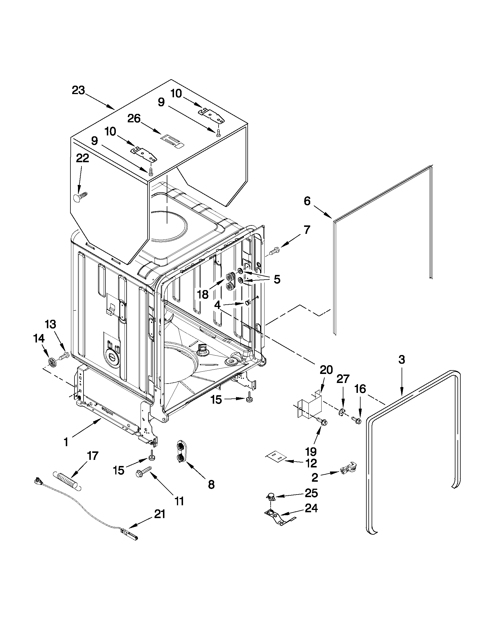 KitchenAid KUDC03FVBL5 tub and frame parts diagram