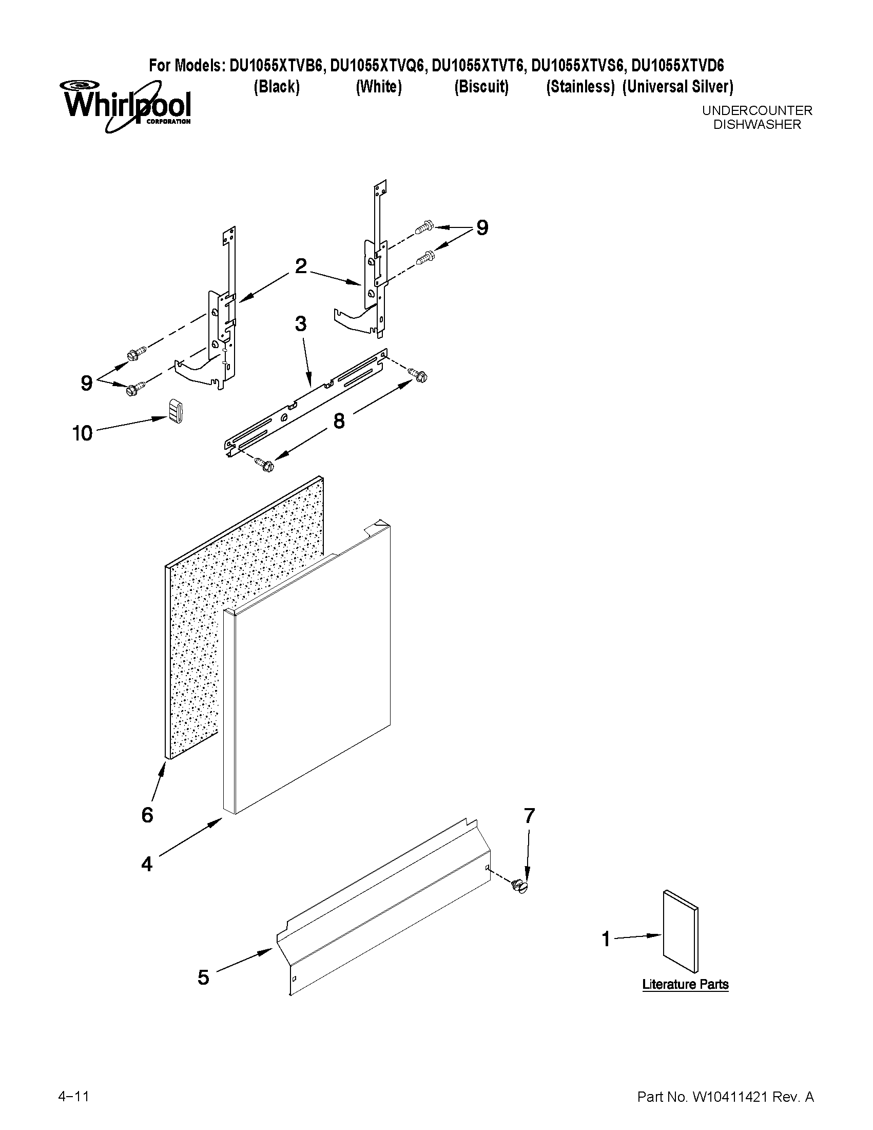 Whirlpool DU1055XTVD6 door and panel parts diagram