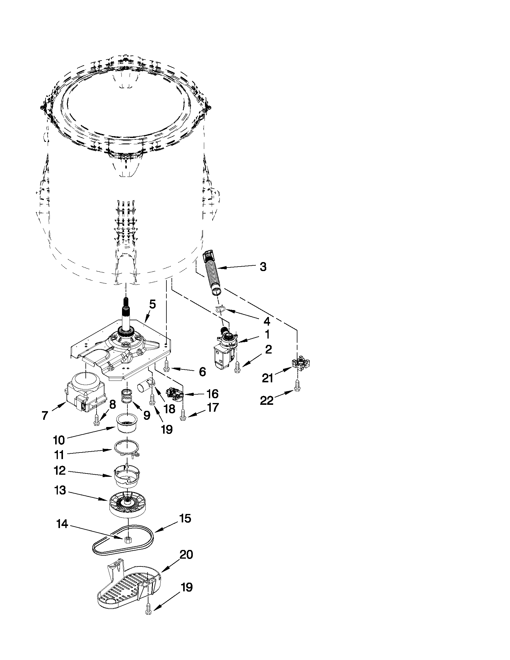 Whirlpool WTW5700XL1 gearcase, motor and pump parts diagram