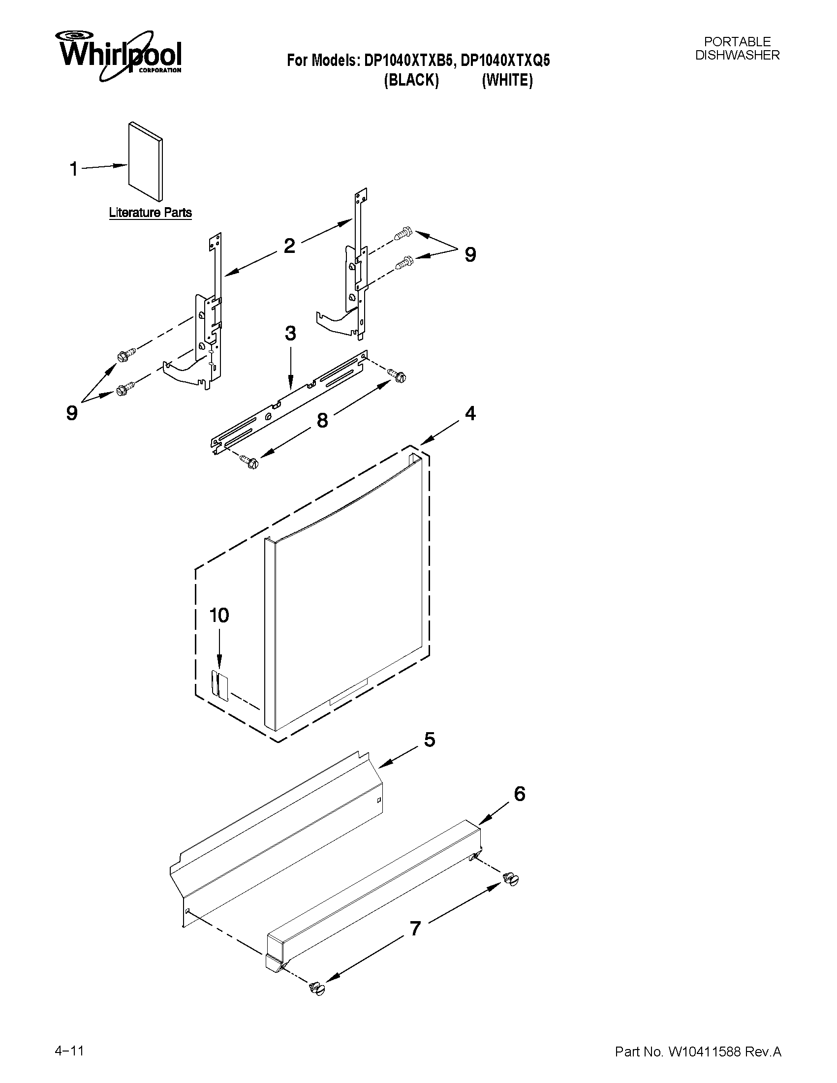 Whirlpool DP1040XTXQ5 door and panel parts diagram