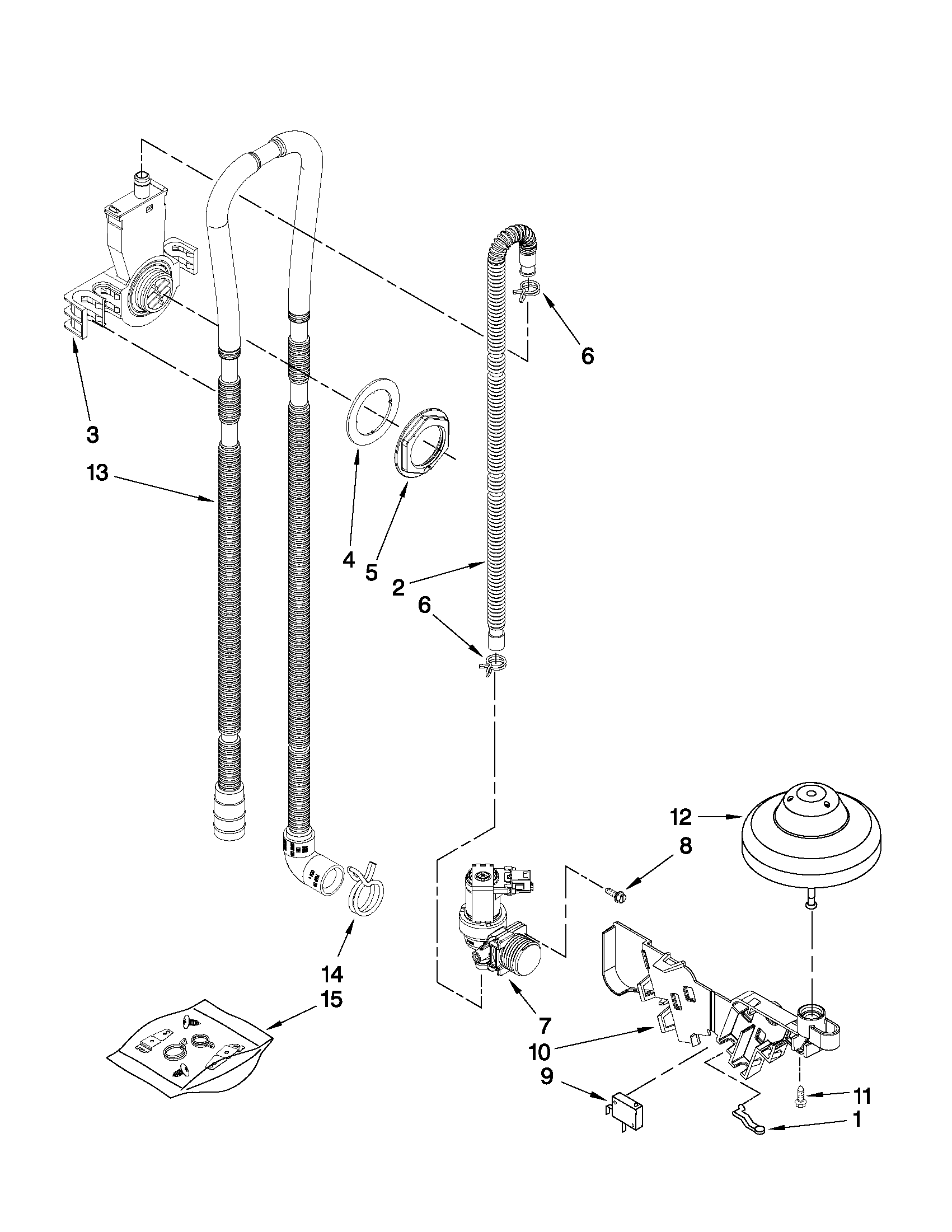 Whirlpool DU1300XTVT6 fill, drain and overfill parts diagram