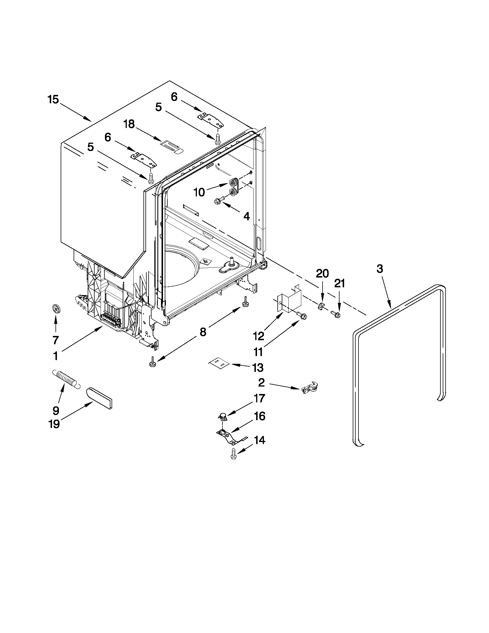 Whirlpool DU1300XTVT6 tub and frame parts diagram