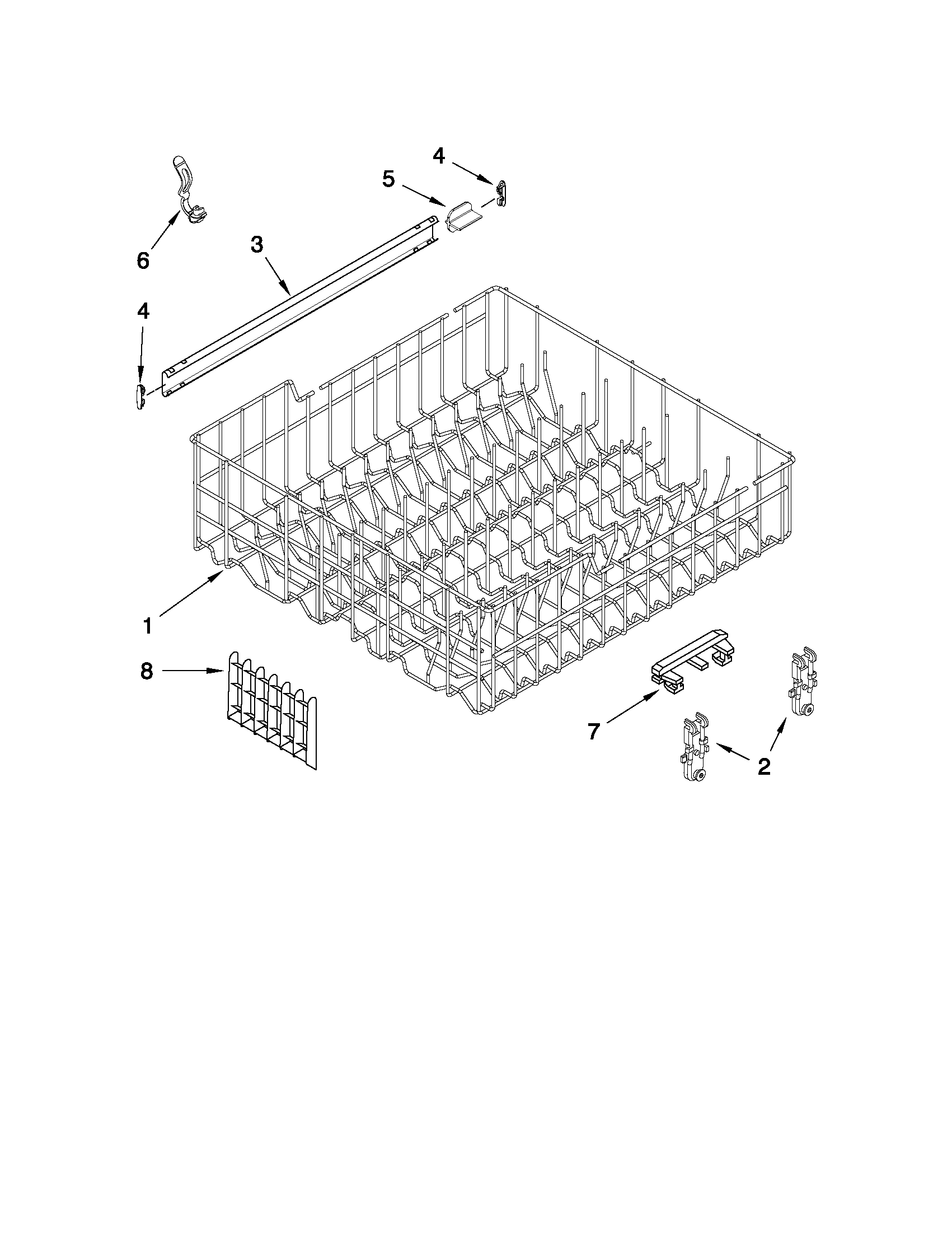 Whirlpool DU1300XTVT6 upper rack and track parts diagram