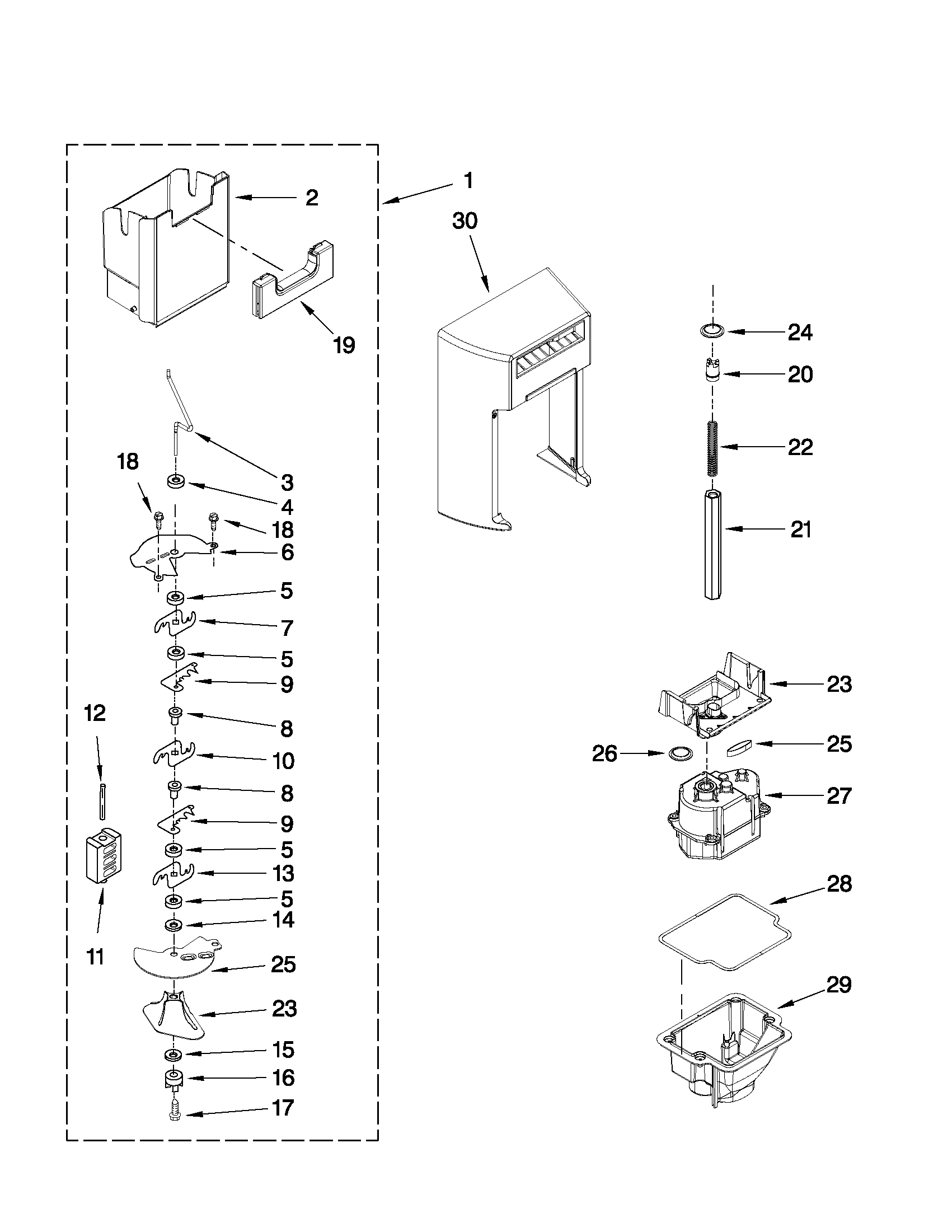 Whirlpool GSS26C4XXA02 motor and ice container parts diagram