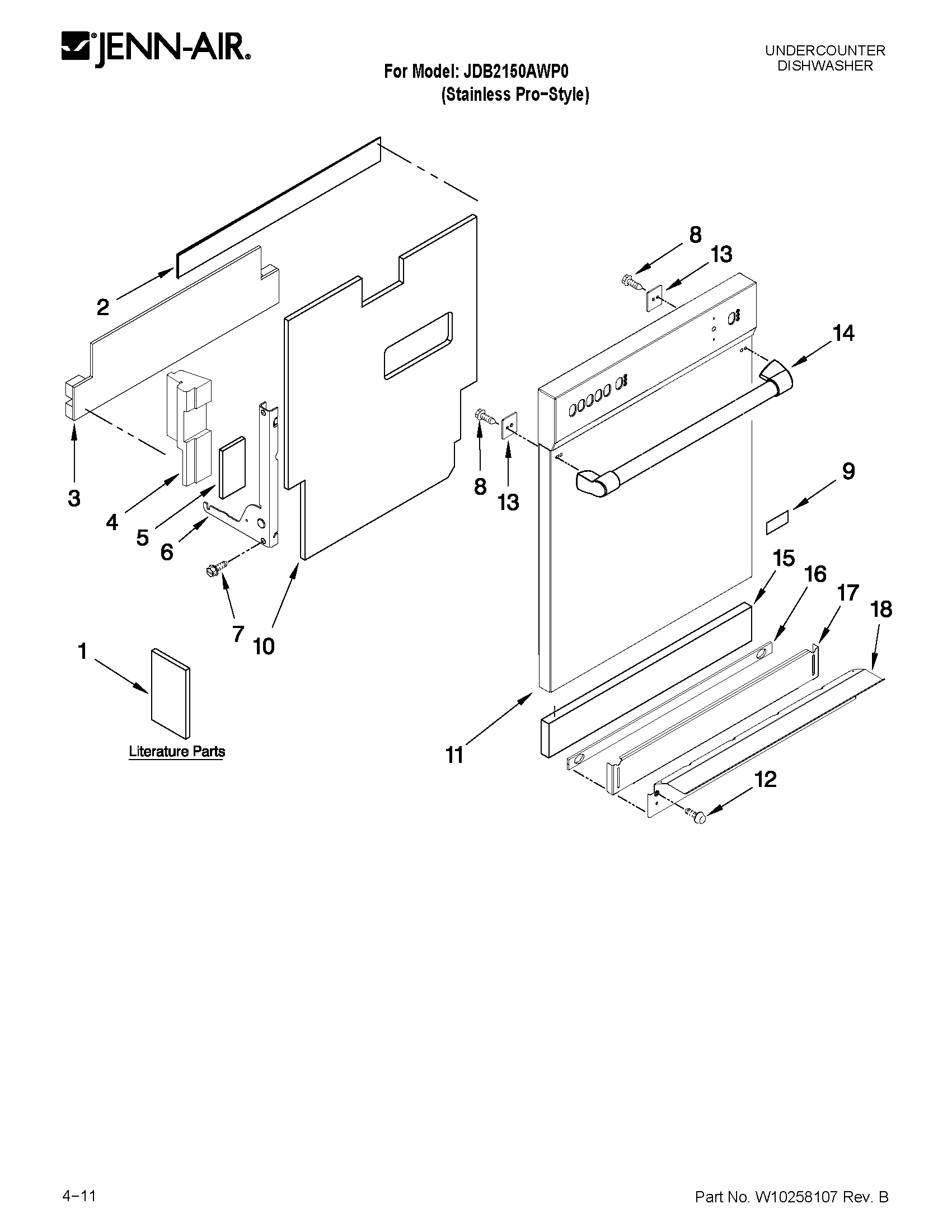 Jenn-Air JDB2150AWP0 door and panel parts diagram