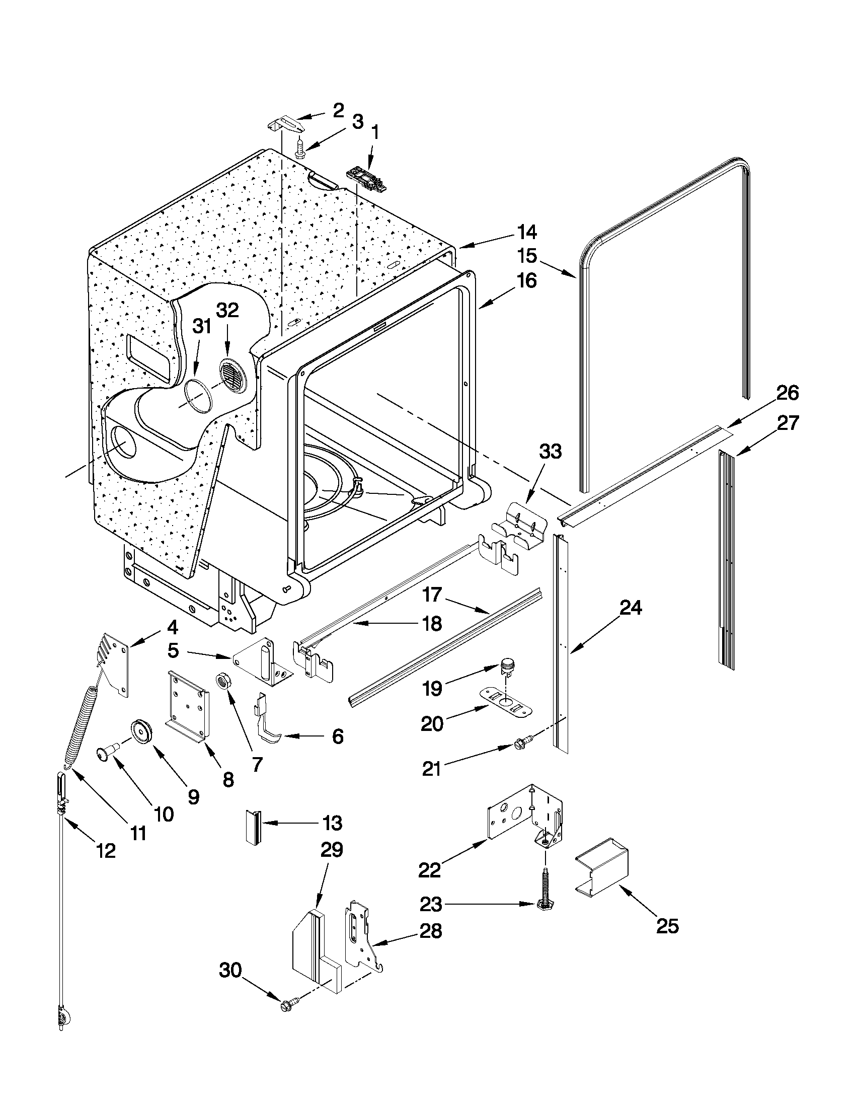 Jenn-Air JDB2150AWP0 tub and frame parts diagram