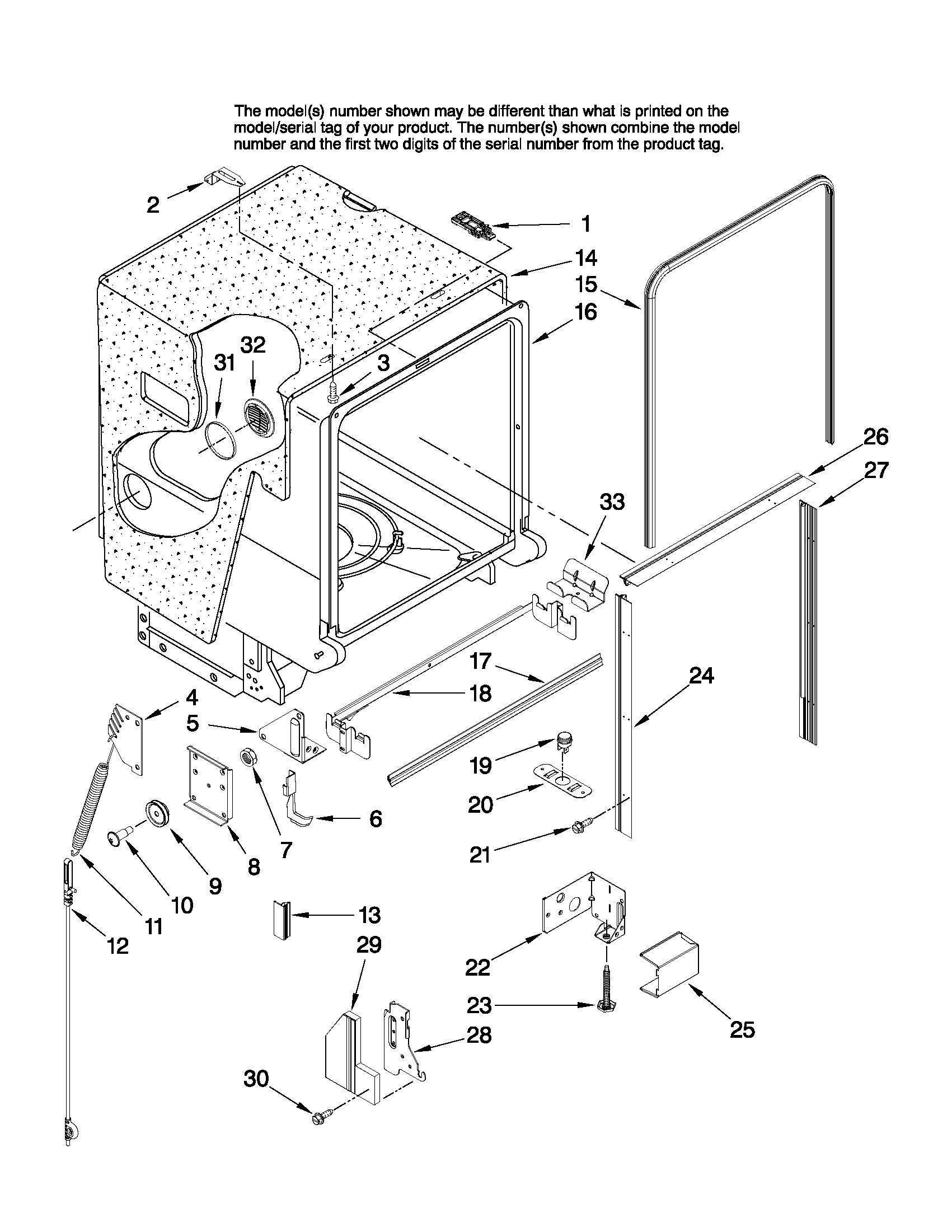 Jenn-Air JDB2150AWP1 tub and frame parts diagram