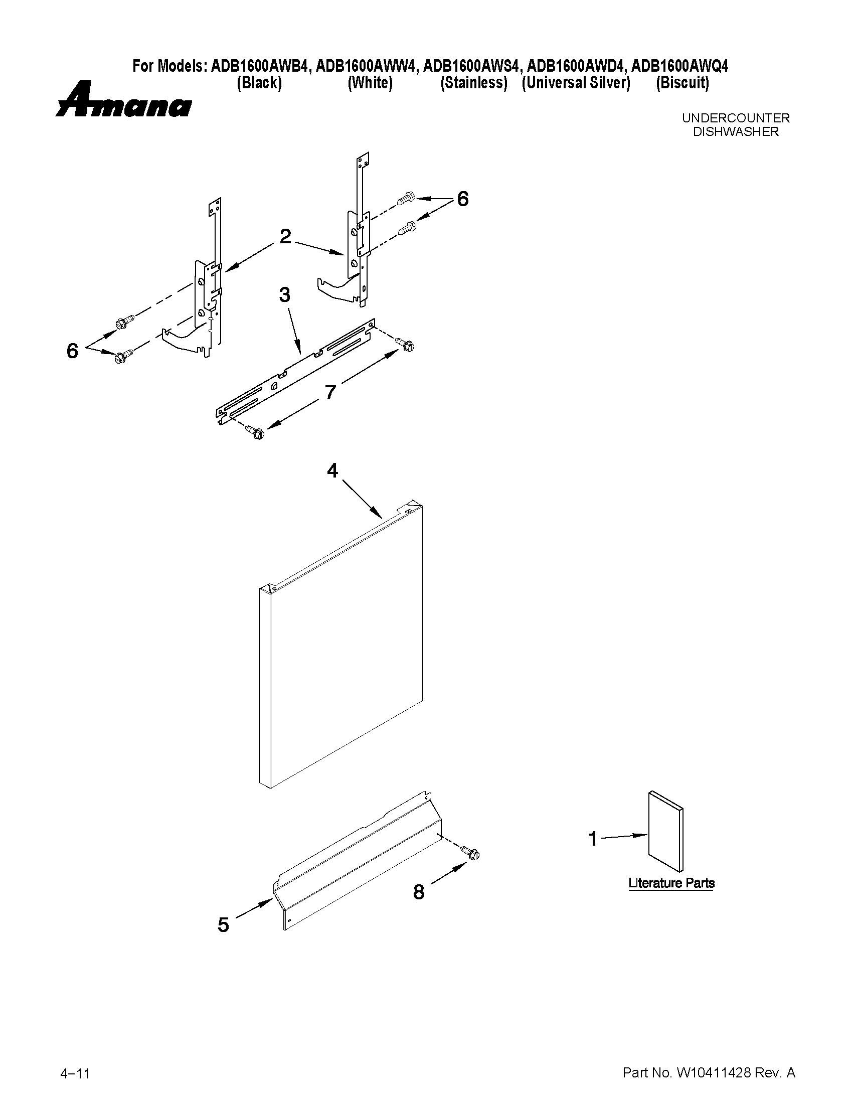 Amana ADB1600AWQ4 door and panel parts diagram