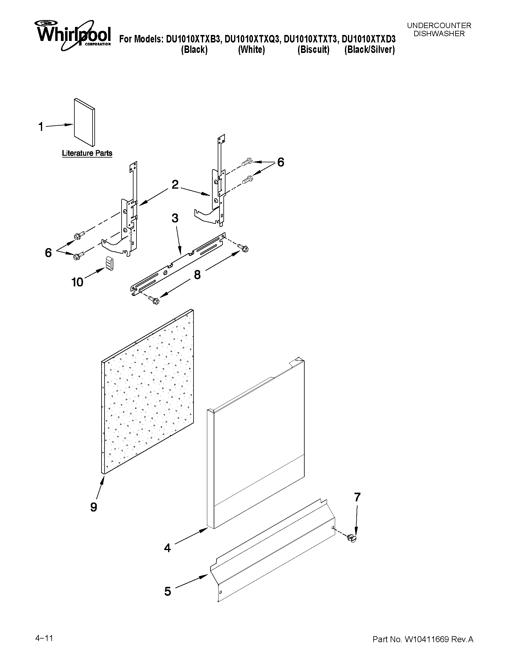 Whirlpool DU1010XTXT3 door and panel parts diagram