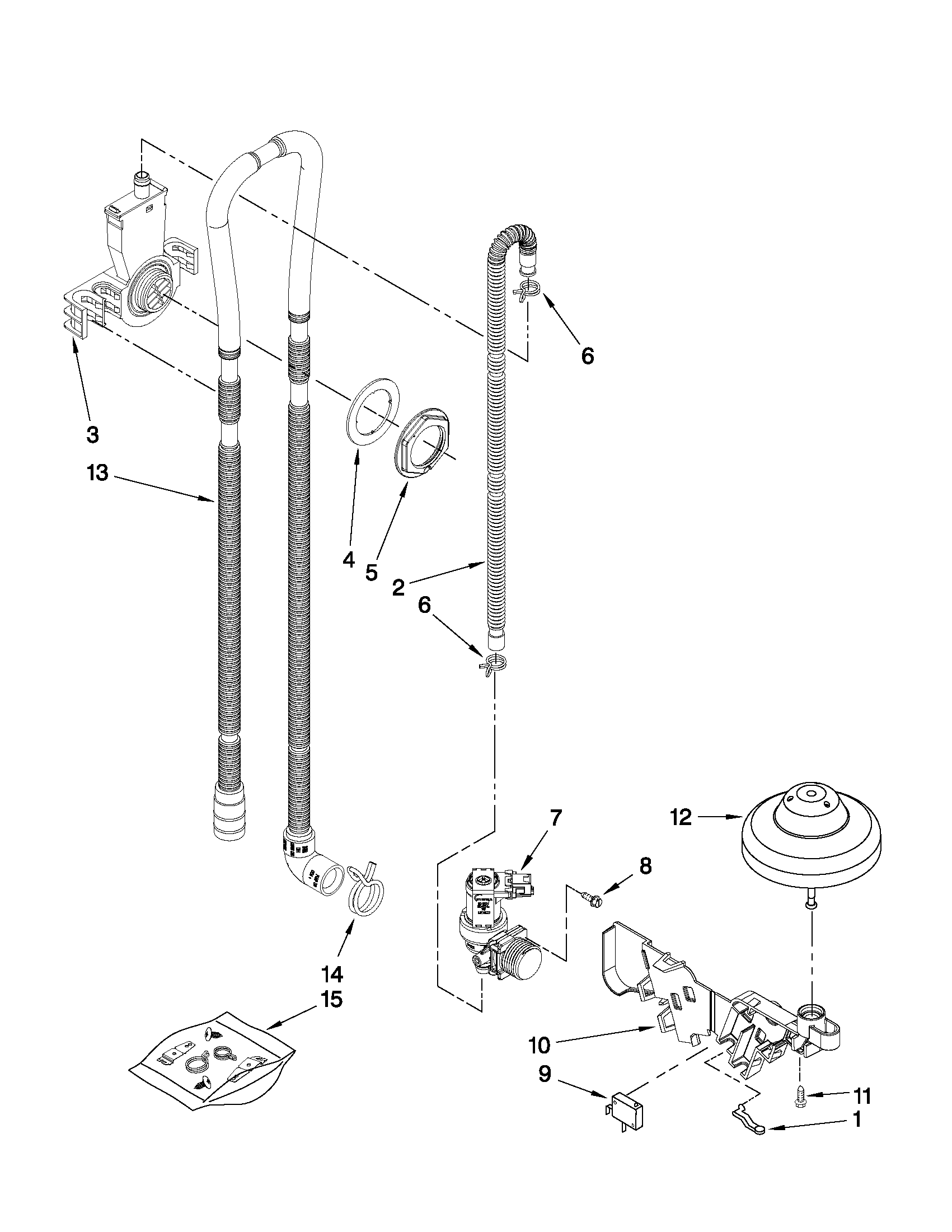 Whirlpool DU1010XTXT3 fill, drain and overfill parts diagram
