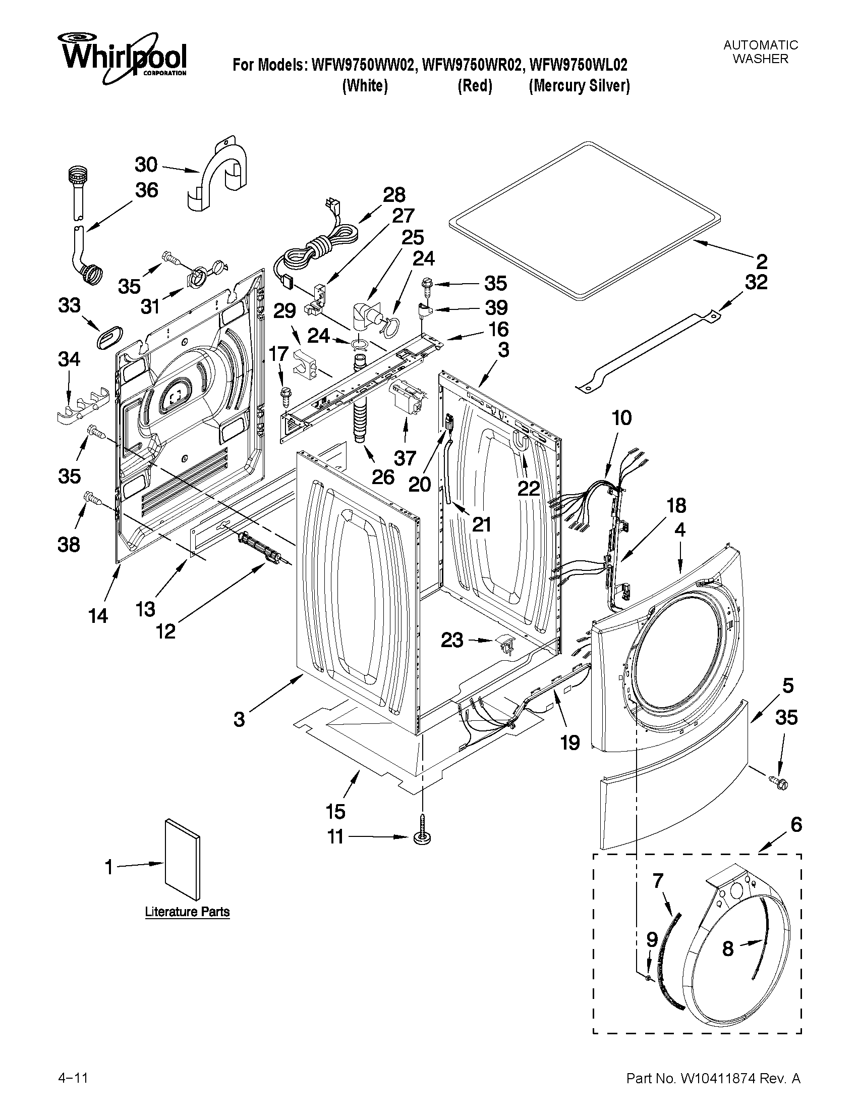 Whirlpool WFW9750WL02 top and cabinet parts diagram
