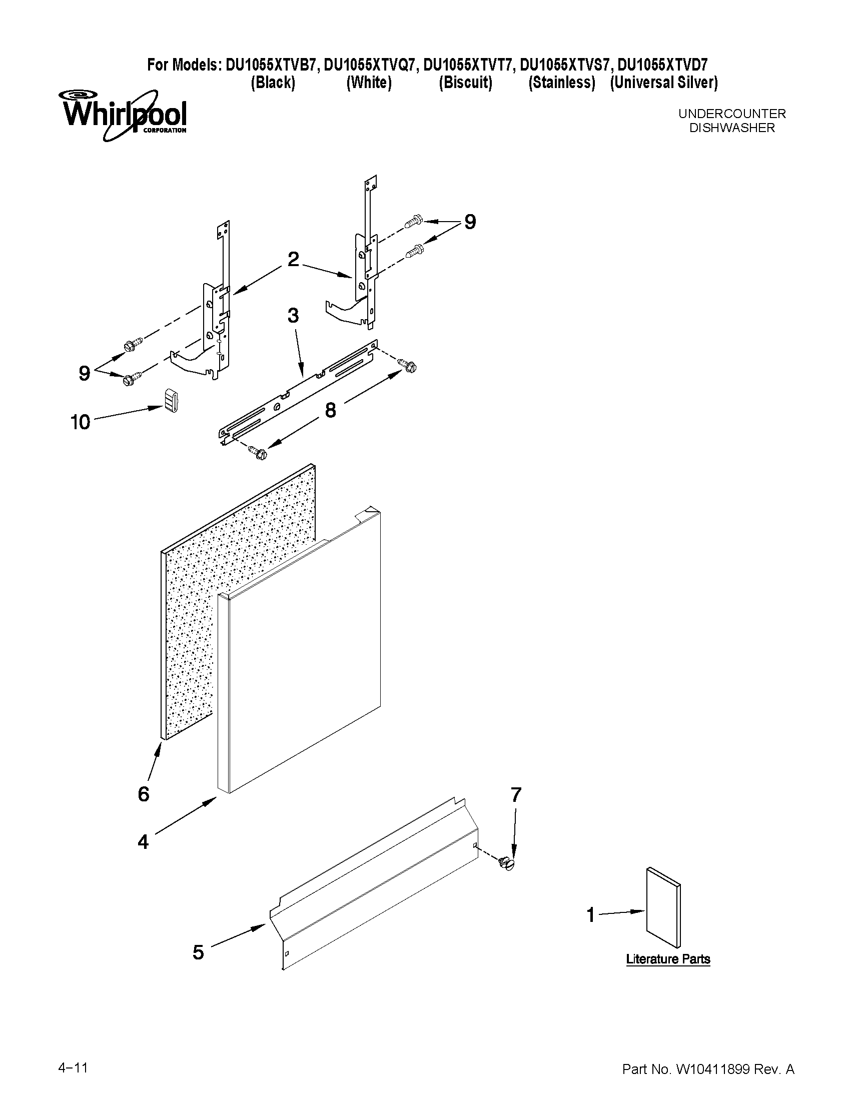 Whirlpool DU1055XTVT7 door and panel parts diagram