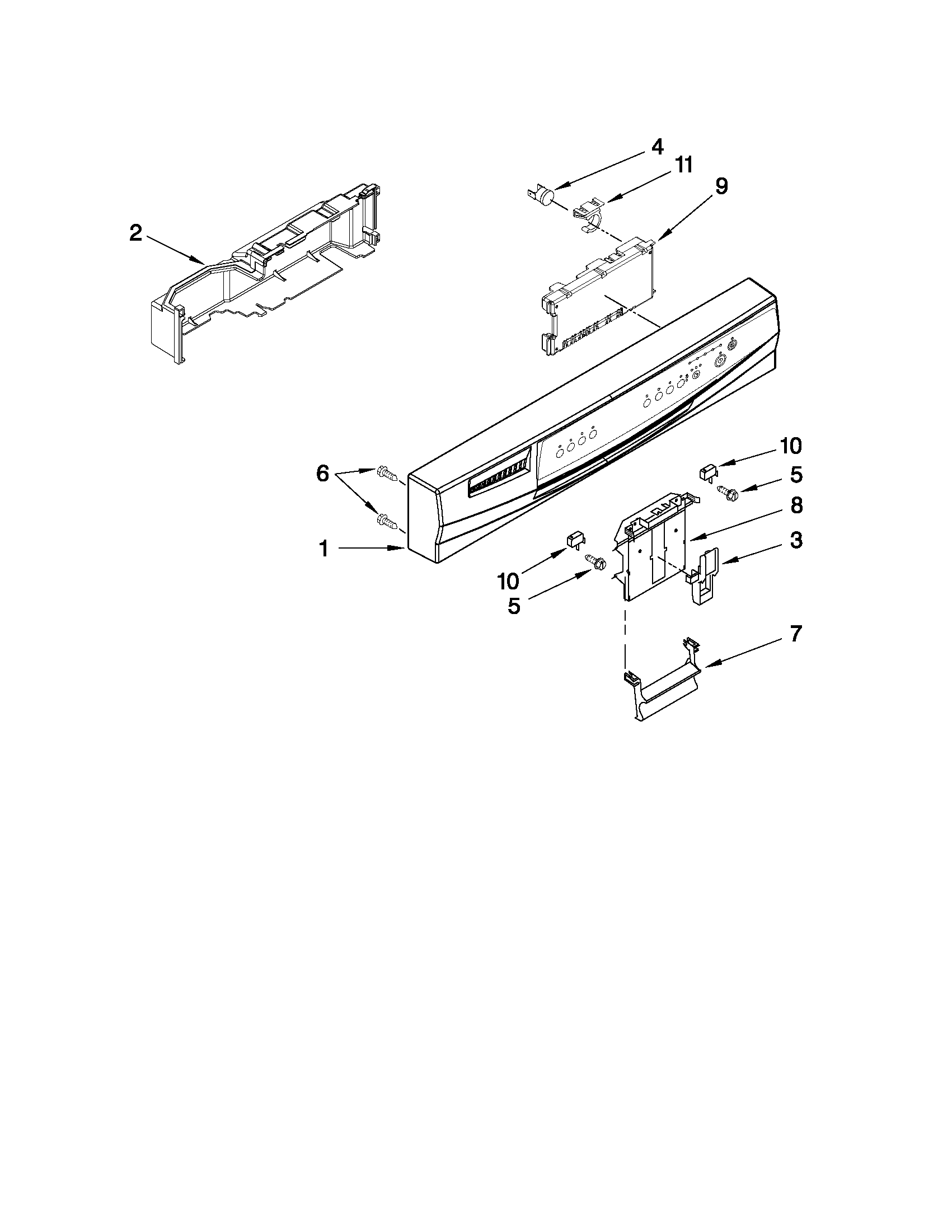 Whirlpool DU1055XTVT7 control panel and latch parts diagram