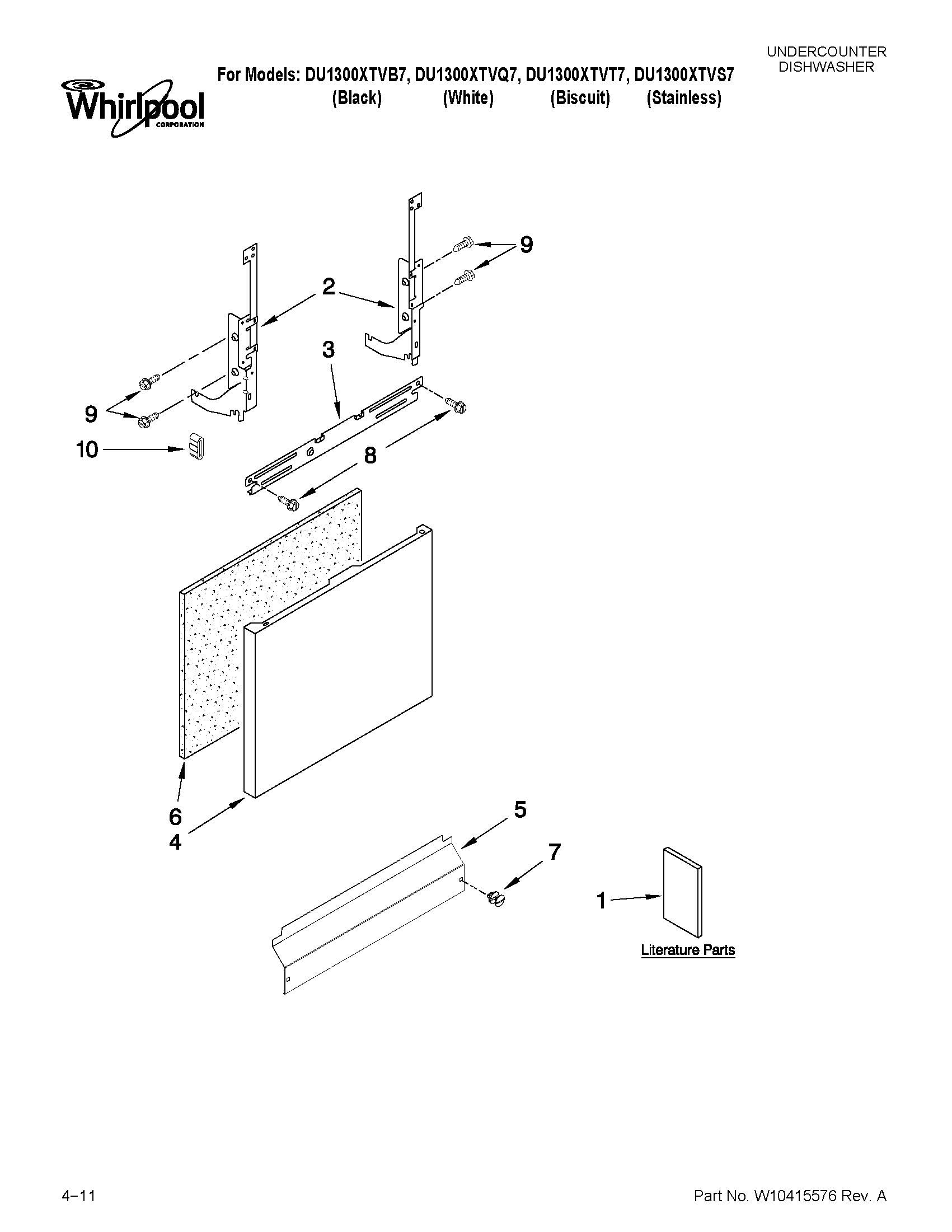 Whirlpool DU1300XTVT7 door and panel parts diagram