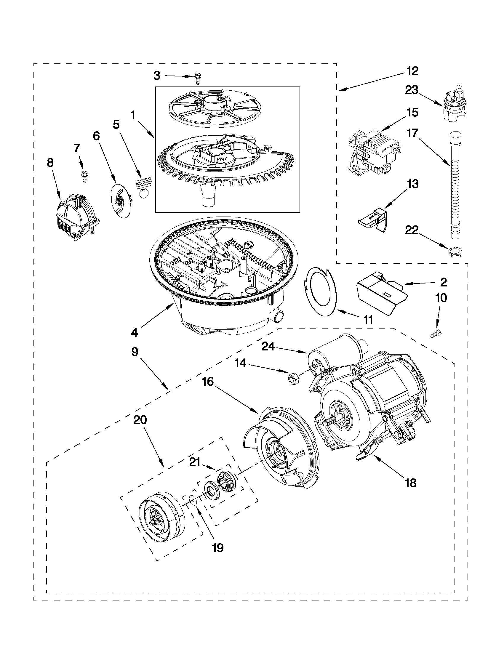 Whirlpool DU1300XTVT7 pump and motor parts diagram