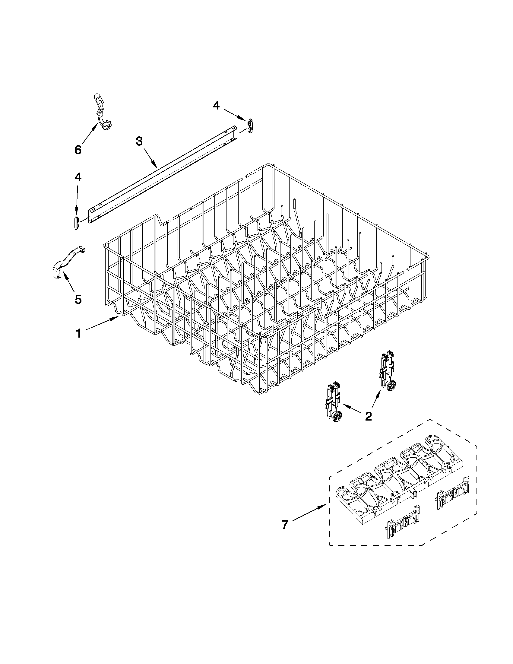 Whirlpool DU1300XTVT7 upper rack and track parts diagram