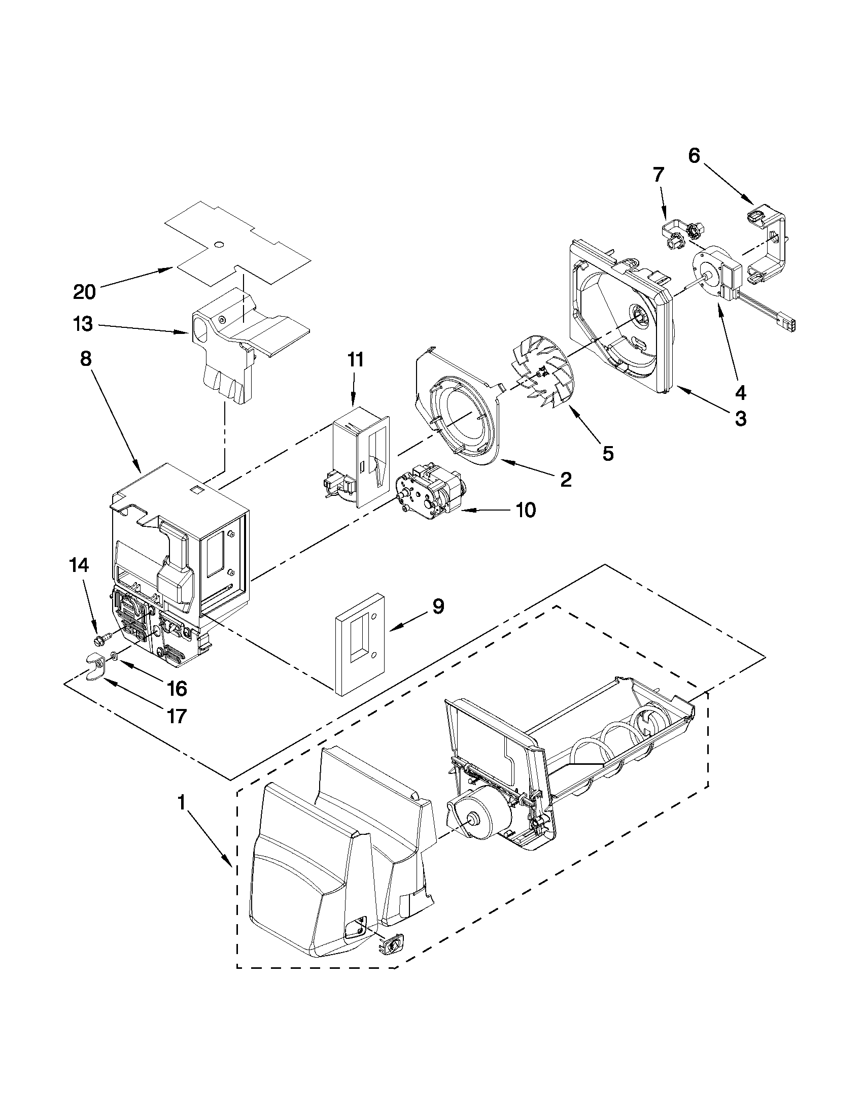 Jenn-Air JFI2089WTS3 motor and ice container parts diagram