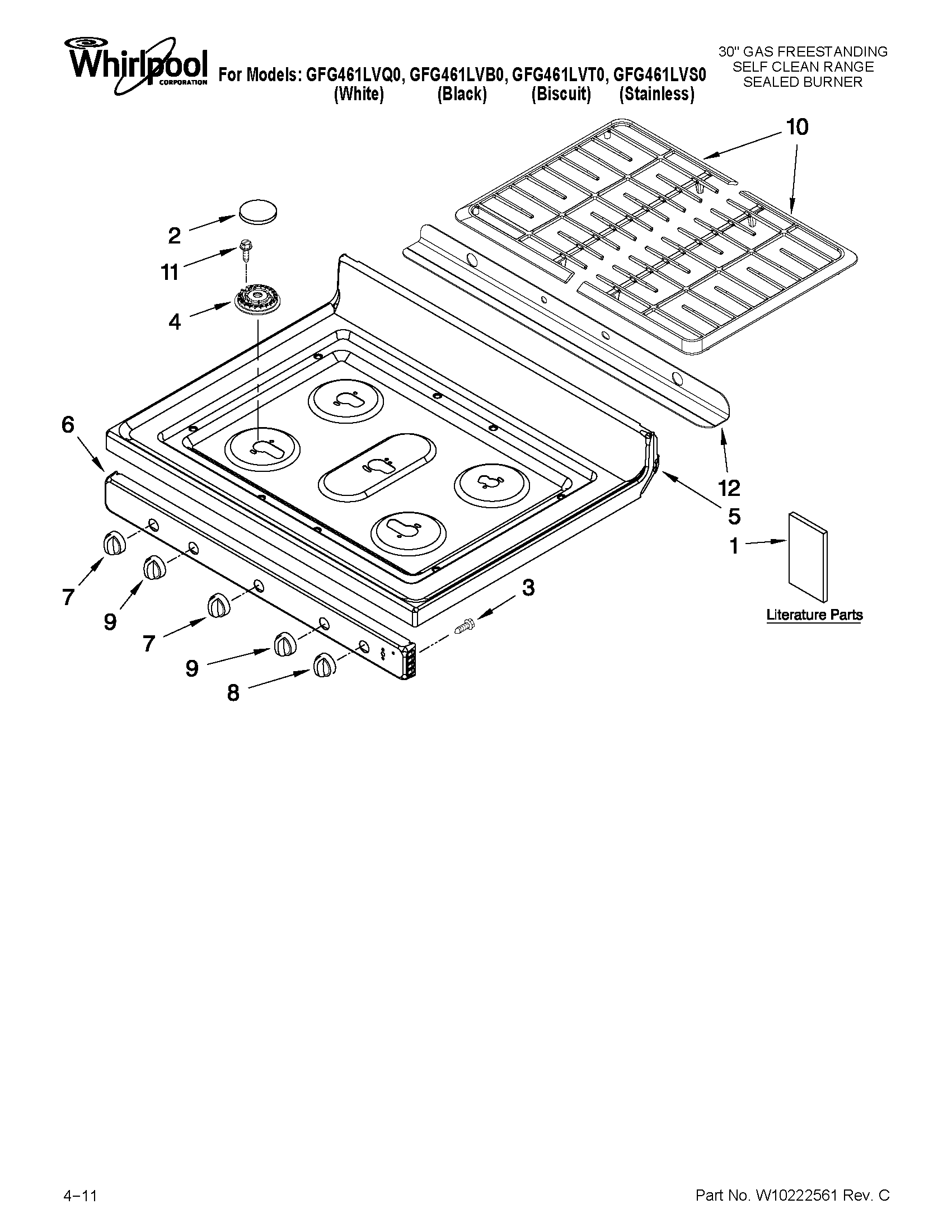 Whirlpool GFG461LVT0 cooktop parts diagram