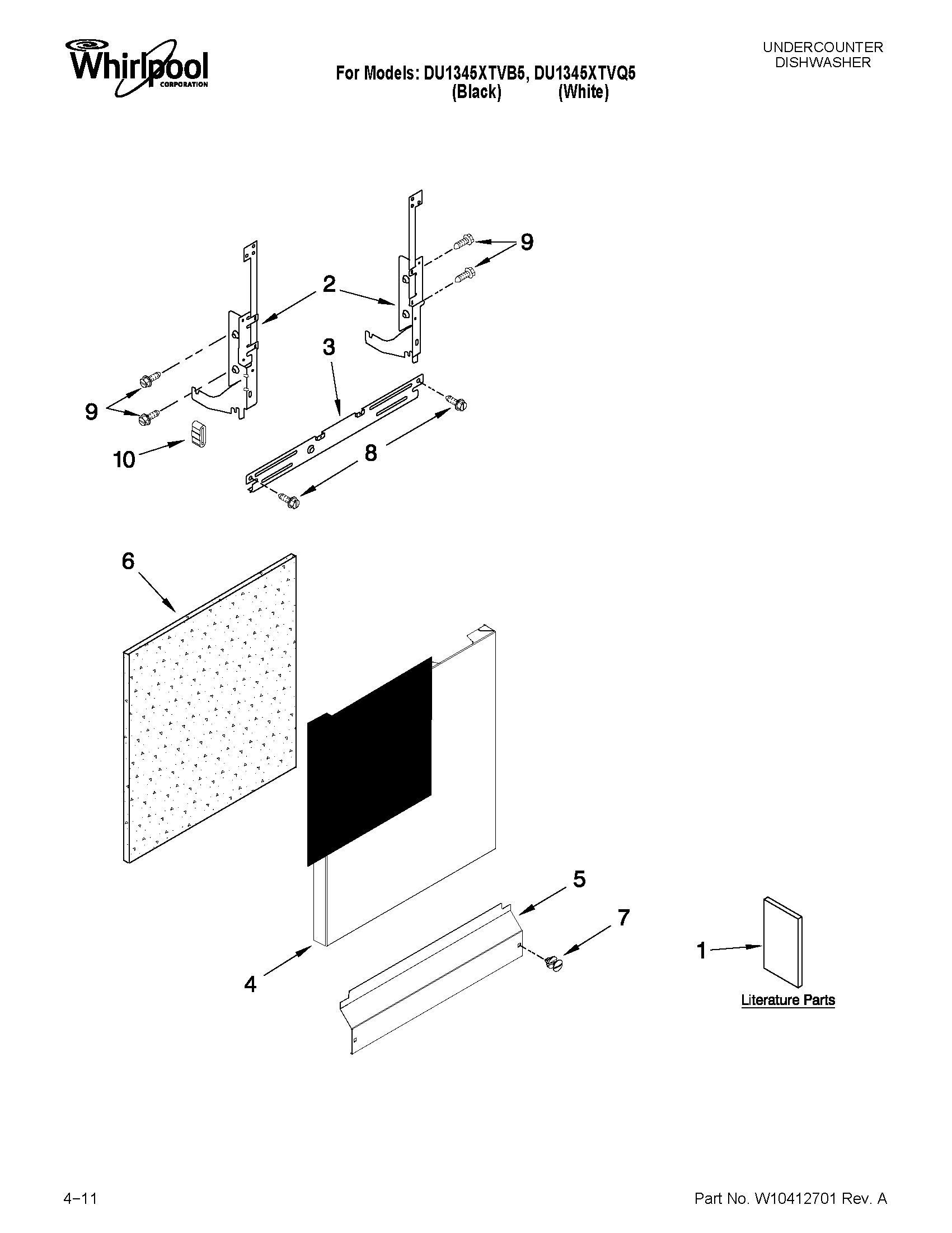 Whirlpool DU1345XTVB5 door and panel parts diagram