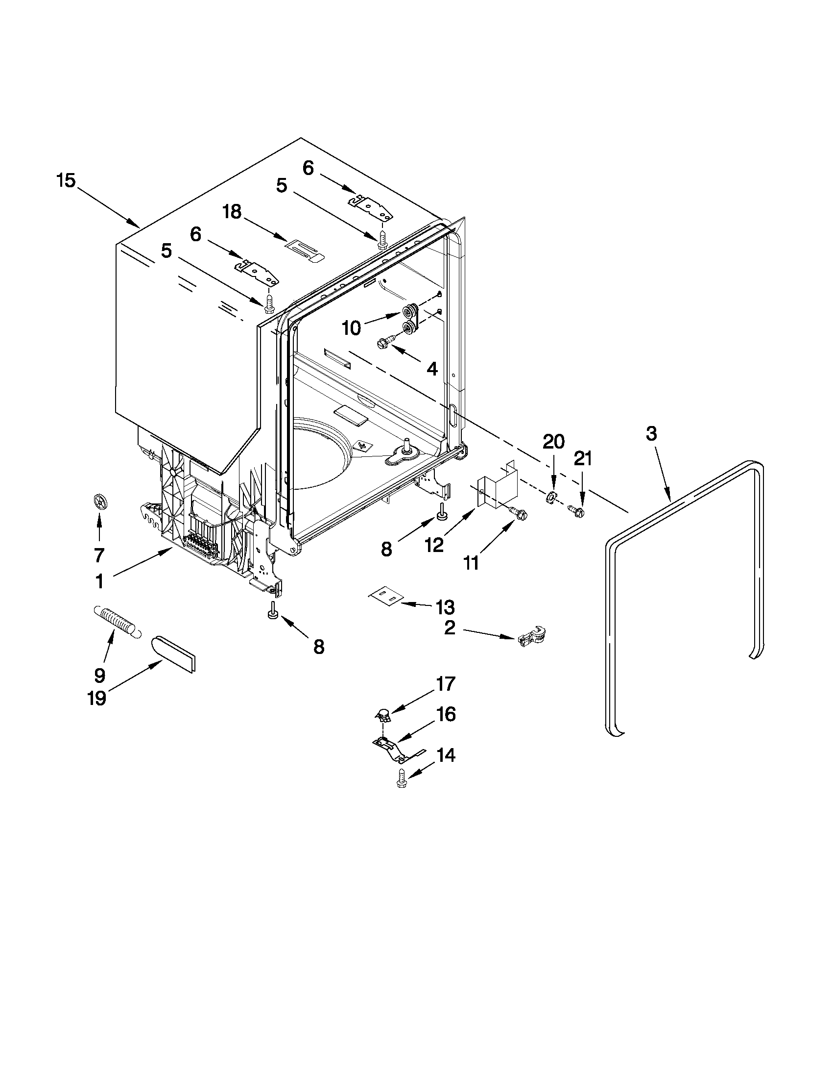 Whirlpool DU1345XTVB5 tub and frame parts diagram
