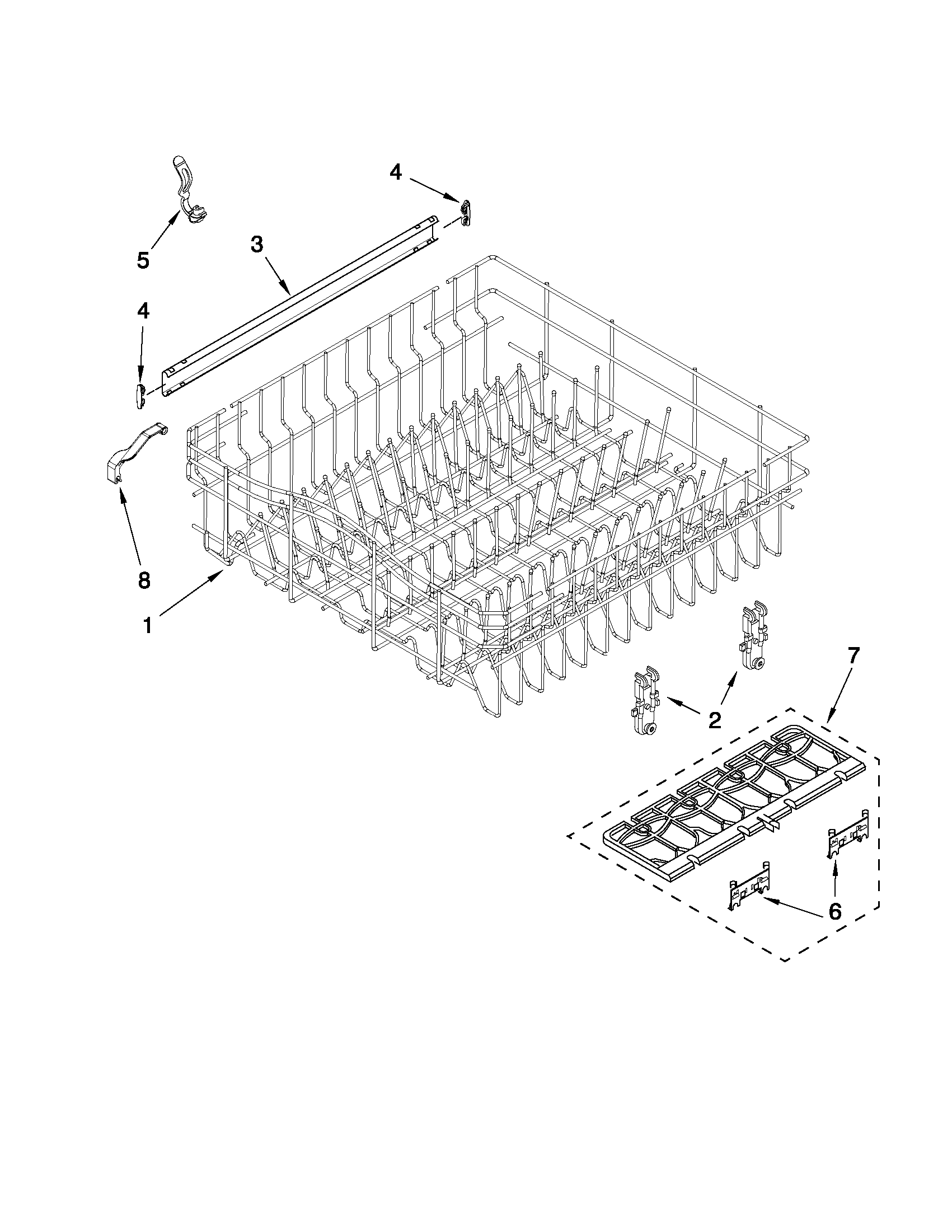 Whirlpool DU1345XTVB5 upper rack and track parts diagram
