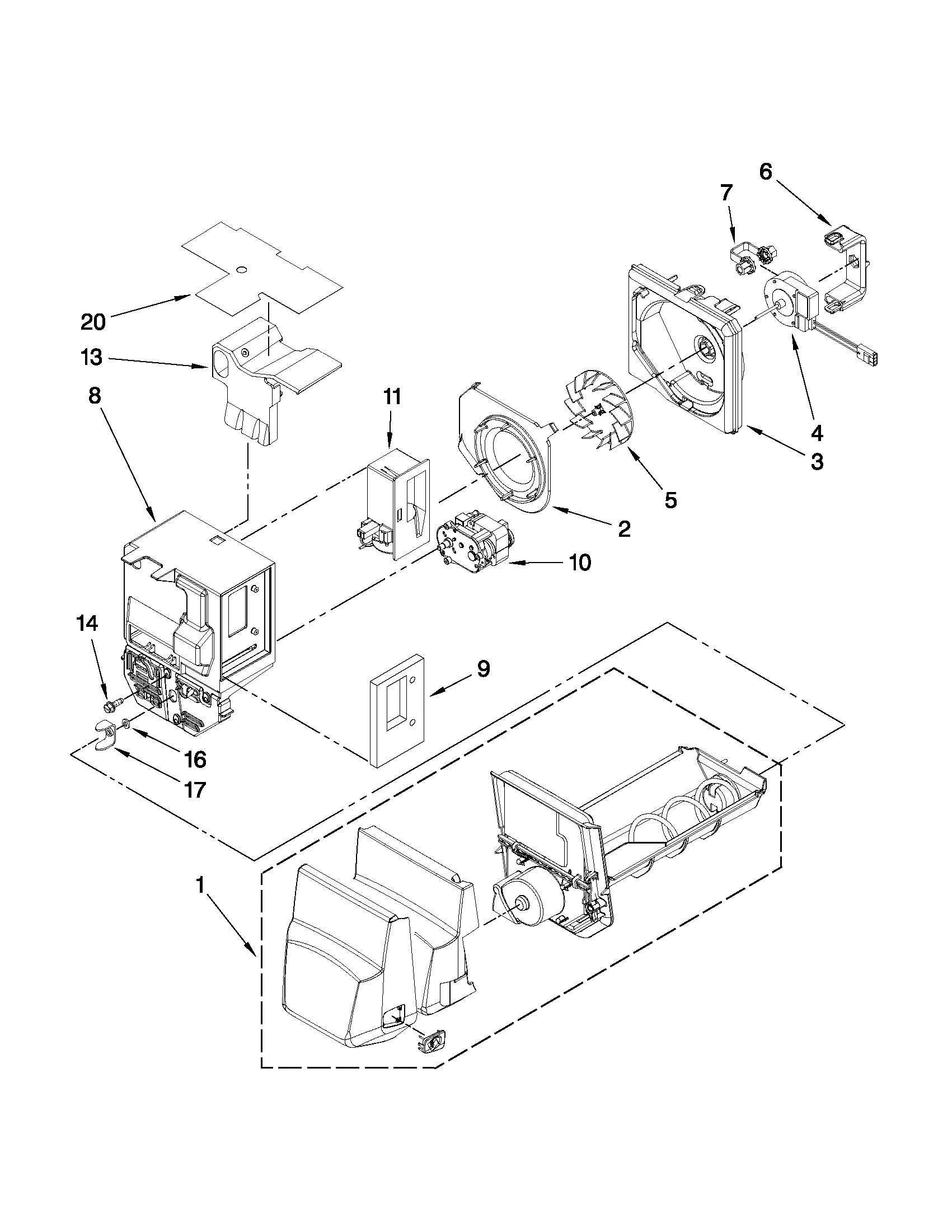 Whirlpool GI0FSAXVY07 motor and ice container parts diagram