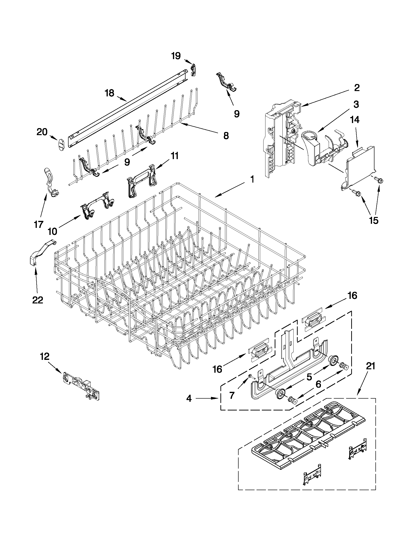 Whirlpool GU2800XTVQ3 upper rack and track parts diagram