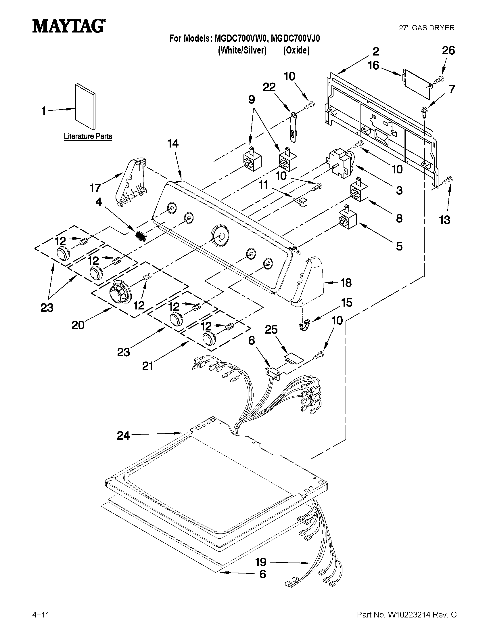 Maytag MGDC700VW0 top and console parts diagram