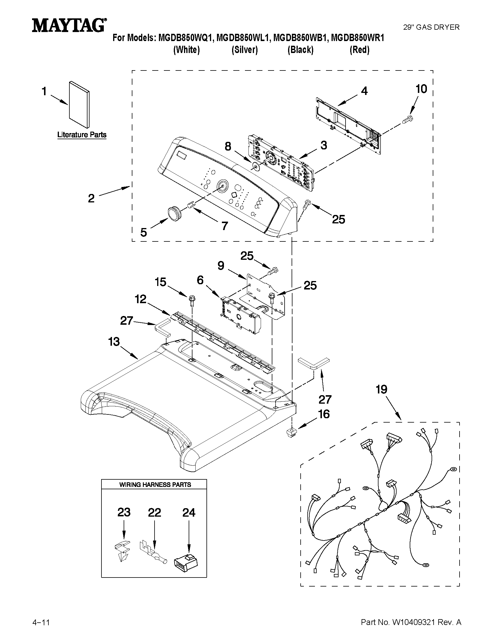 Maytag MGDB850WL1 top and console parts diagram