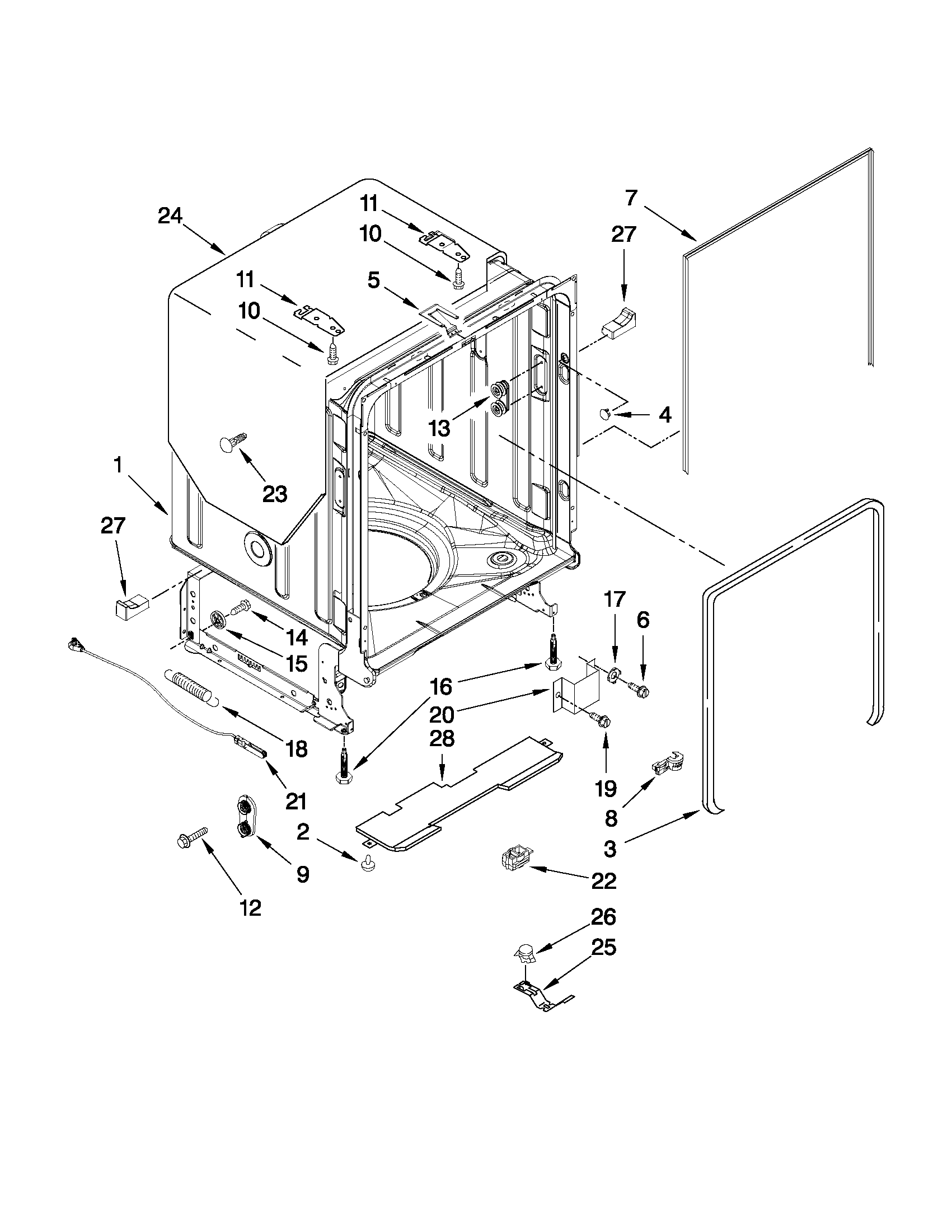 KitchenAid KUDE40FXSS2 tub and frame parts diagram