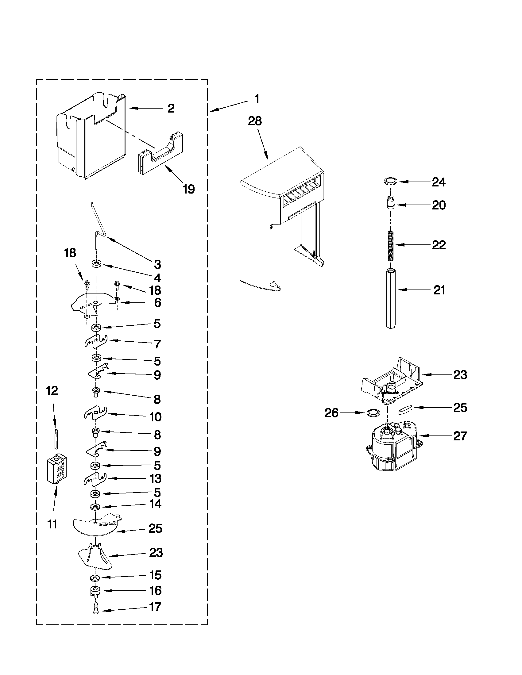 Whirlpool GSS26C5XXY00 motor and ice container parts diagram