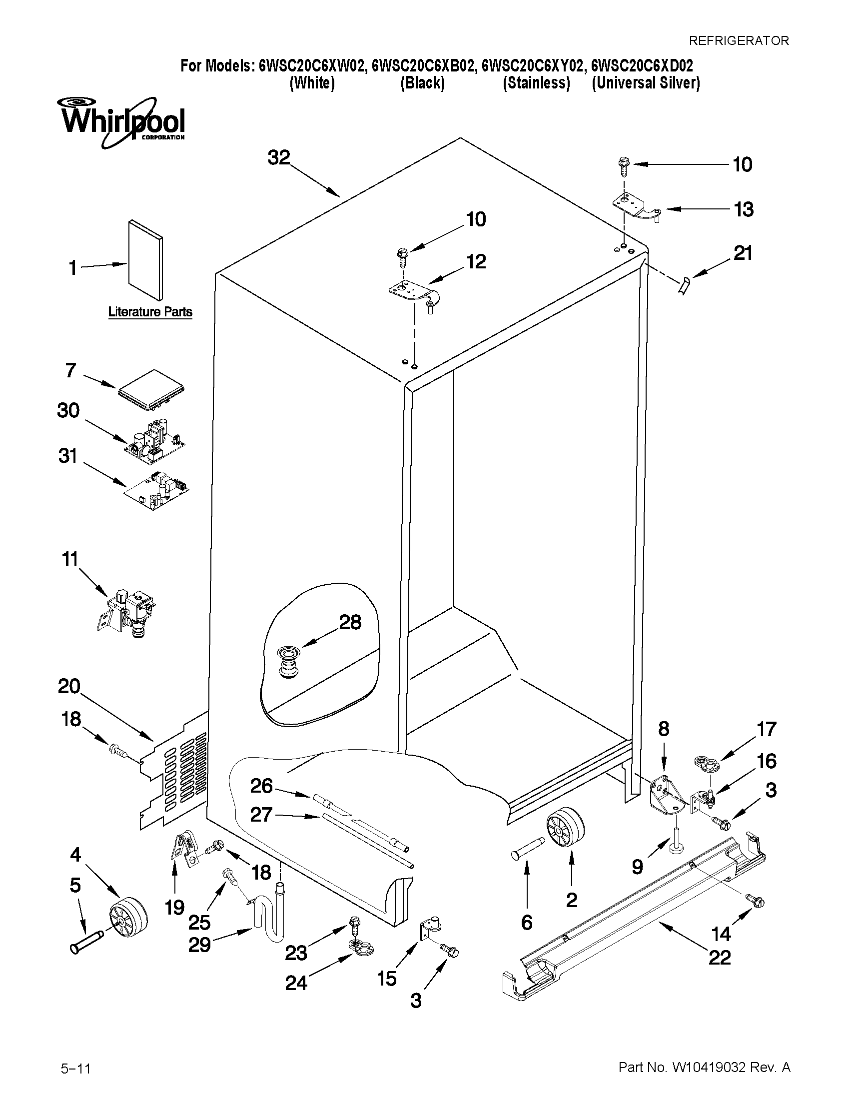 Whirlpool 6WSC20C6XW02 cabinet parts diagram